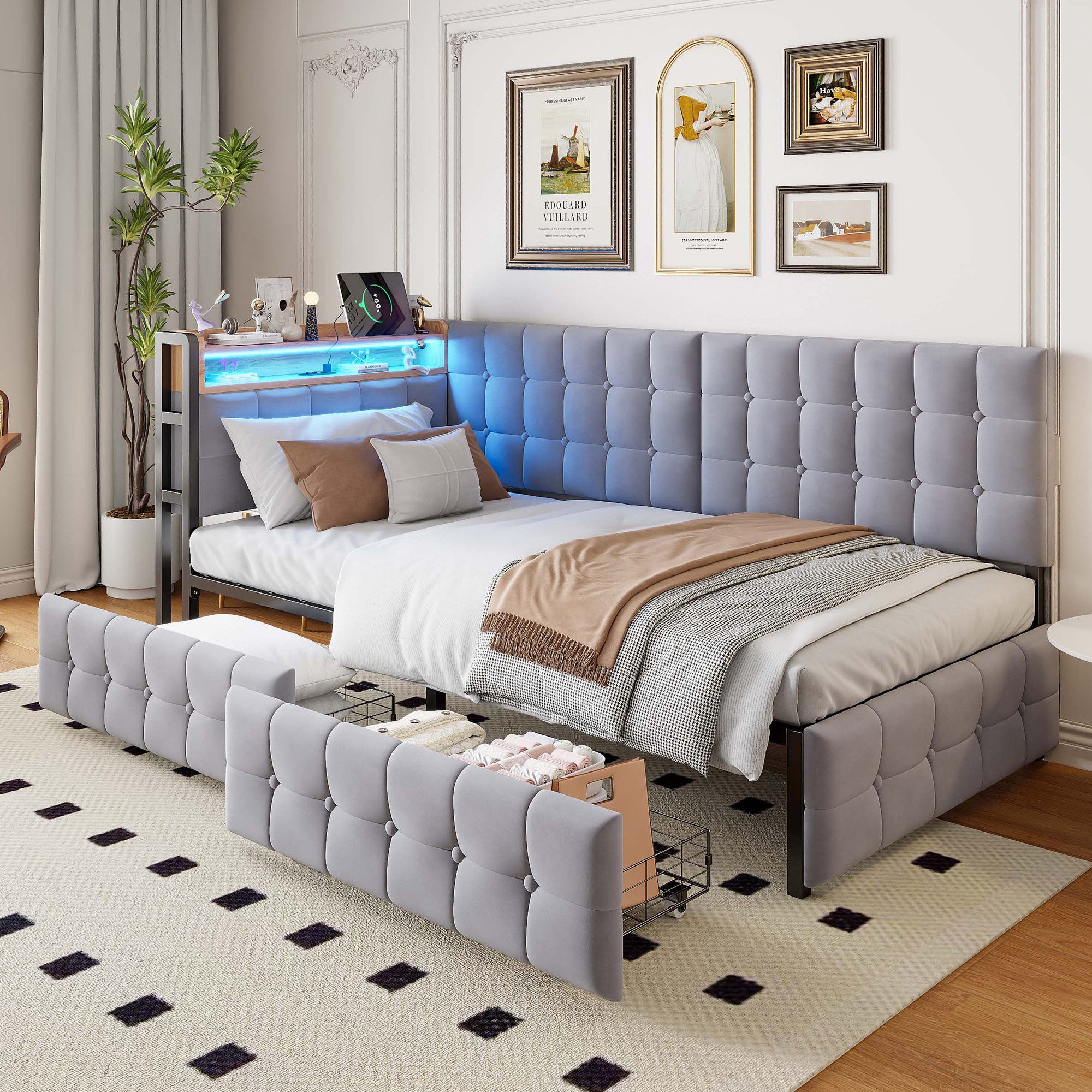 Odikalo Schlafsofa Daybett Stauraumbett Polsterbett USB Schubladen 90x200cm Grau/Beige