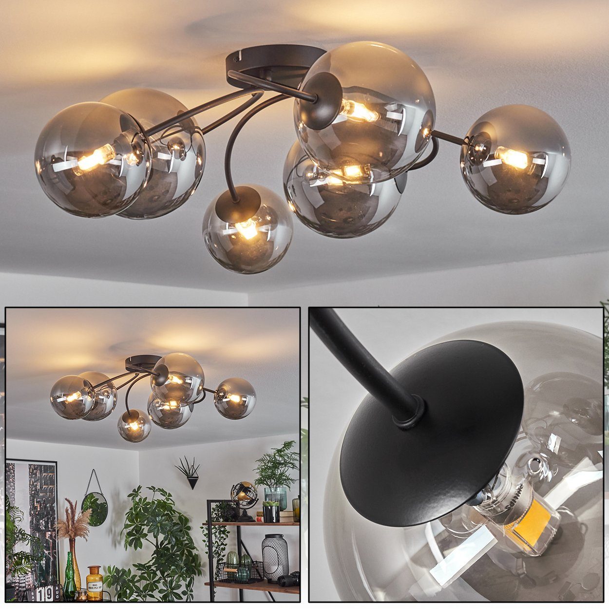 hofstein Deckenleuchte Deckenlampe LED, Schwarz/Rauchfarben, im aus Metall/Glas x G9 Leuchtmittel 6 in Leuchte aus Glas, Retro-Design ohne ohne Leuchtmittel