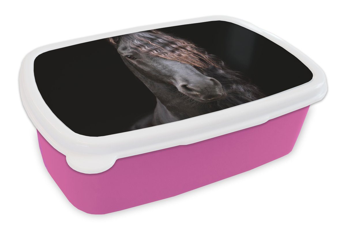 MuchoWow Lunchbox Pferde - Friesisch - Mähne - Schwarz - Tiere, Kunststoff, (2-tlg), Brotbox für Erwachsene, Brotdose Kinder, Snackbox, Mädchen, Kunststoff rosa
