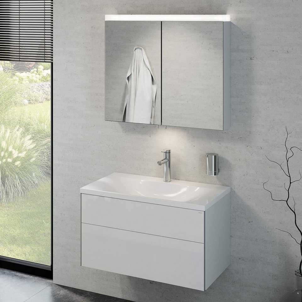 Keuco Badmöbel-Set Royal Reflex, (3 teilig, Badmöbel Set - Waschbecken,  Unterschrank, LED Spiegelschrank), Badezimmerspiegelschrank mit  Beleuchtung, weiß-hochglanz, 80 cm
