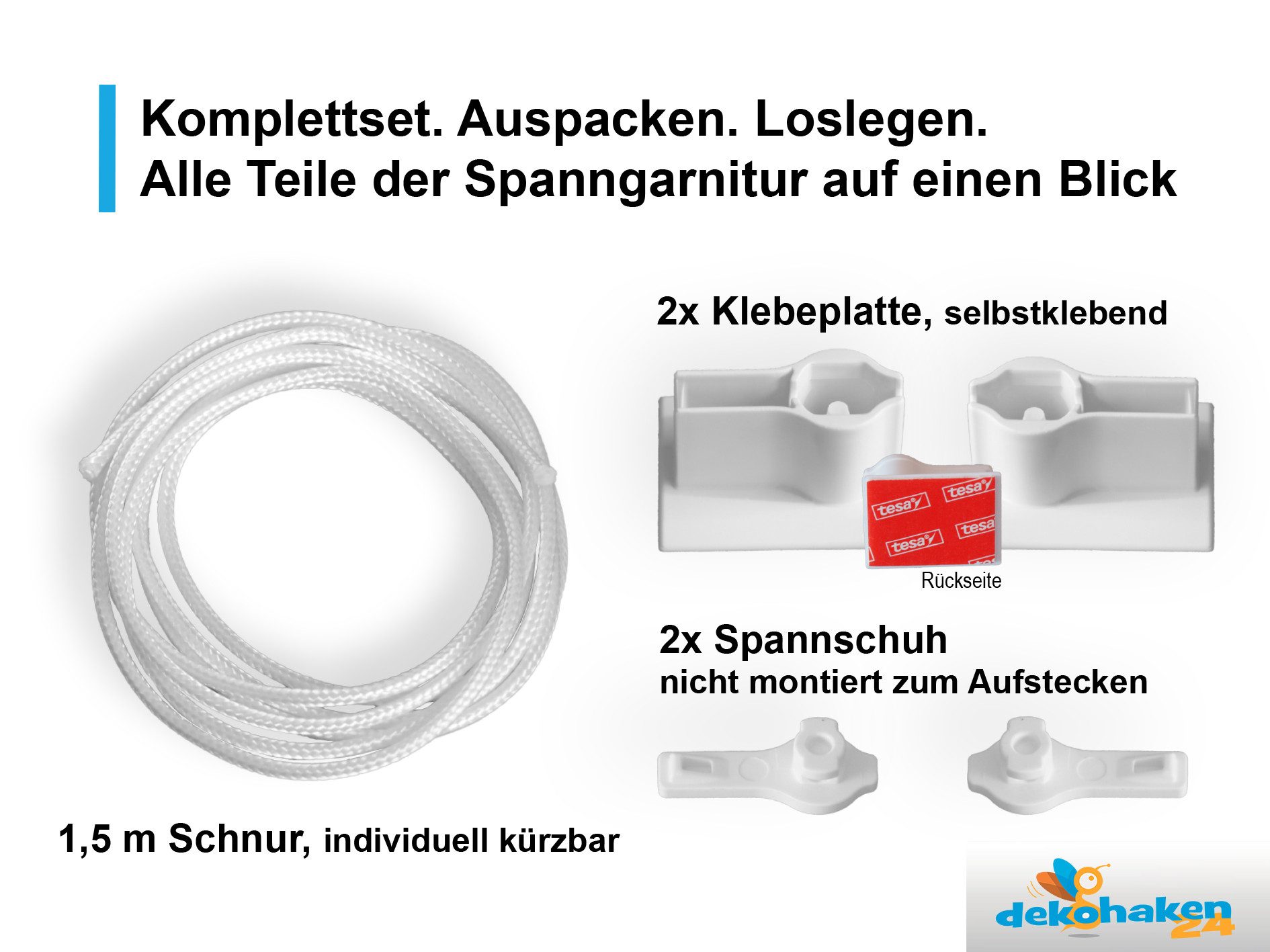 dekohaken24.de Seilspanngarnitur Gardinendraht, Gardinenseil, Vorhangdraht, Gardinenschnur, inkl. Klebeplatten für eine Befestigung ohne Bohren an Ihrem Fenster – Bild 3 von 5