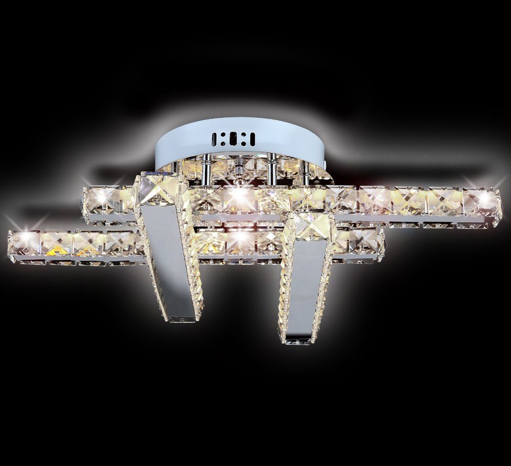 LED für Deckenlampe alle Leuchte Zimmer, Dimmbar, 24W, Modern Silber »SONATA« 51cm niedrigen Kristall elegante Warmweiß, Verbrauch Kreuzform Lewima Glas verspiegelt Design Deckenleuchte mit