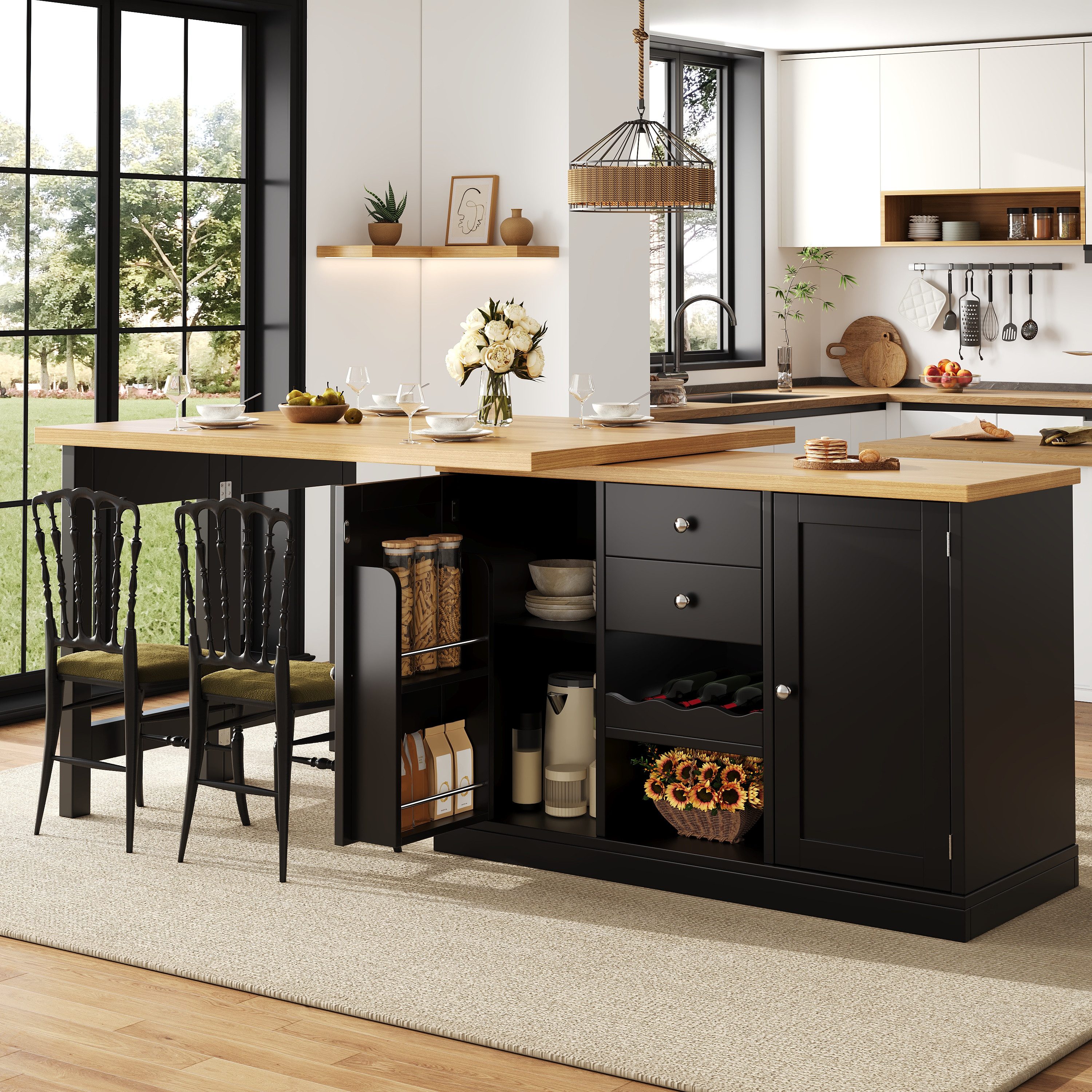 i@home Bartisch Ausziehbarer Kücheninsel, Esstisch, 120-197cm, Weinregal & Snack-Regalen, magnetische Türen, Weiß/Schwarz
