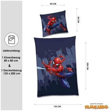 Kinderbettwäsche Spiderman "Comic Blau" 135x200 + 80x80cm aus 100% Baumwolle, Familando, Renforcé, 2 teilig, mit Wendemotiv auf Decke und Kopfkissen