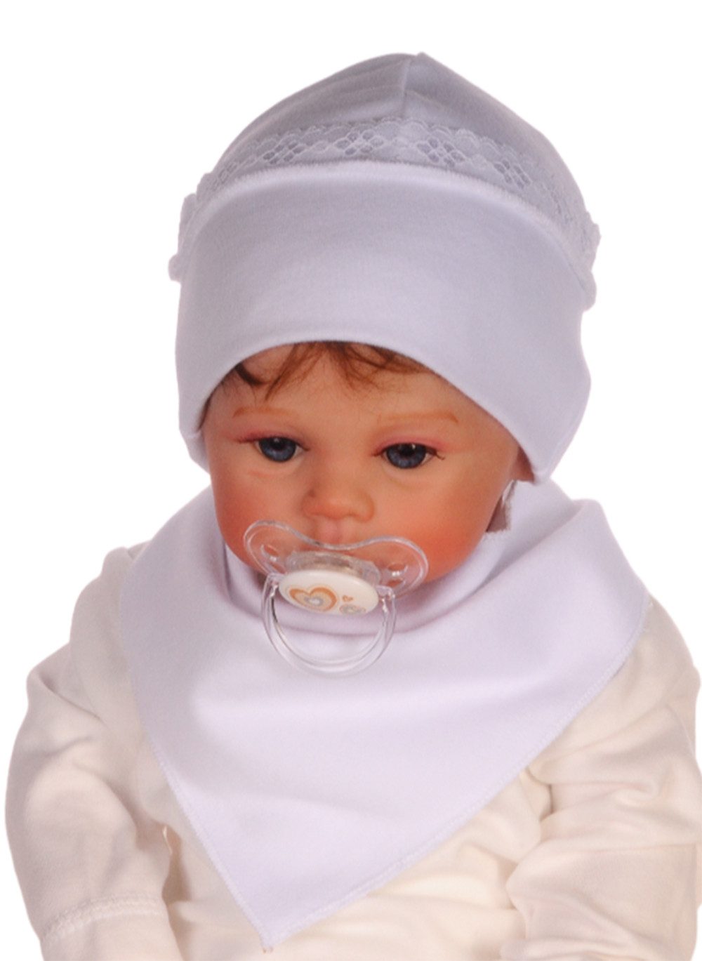 La Bortini Erstlingsmütze Baby Mütze mit Rüschen Spitzen in Creme oder Weiß aus reiner Baumwolle, 34 36 38 40 41 42