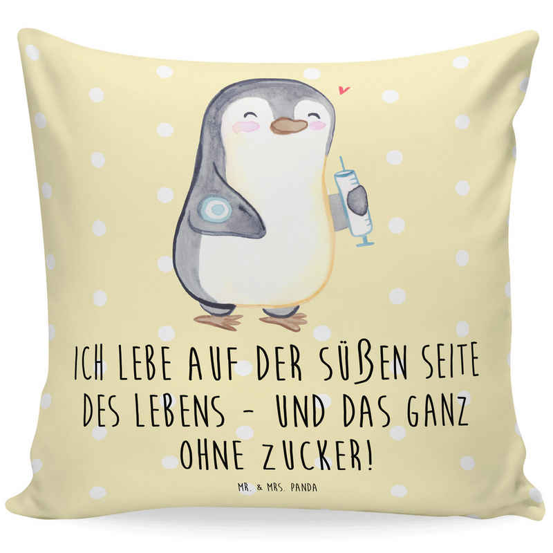 Mr. & Mrs. Panda Dekokissen Pinguin Diabetes - Gelb Pastell - Geschenk, Dekokissen, Diabetes Mell, Weiche Mikrofaser