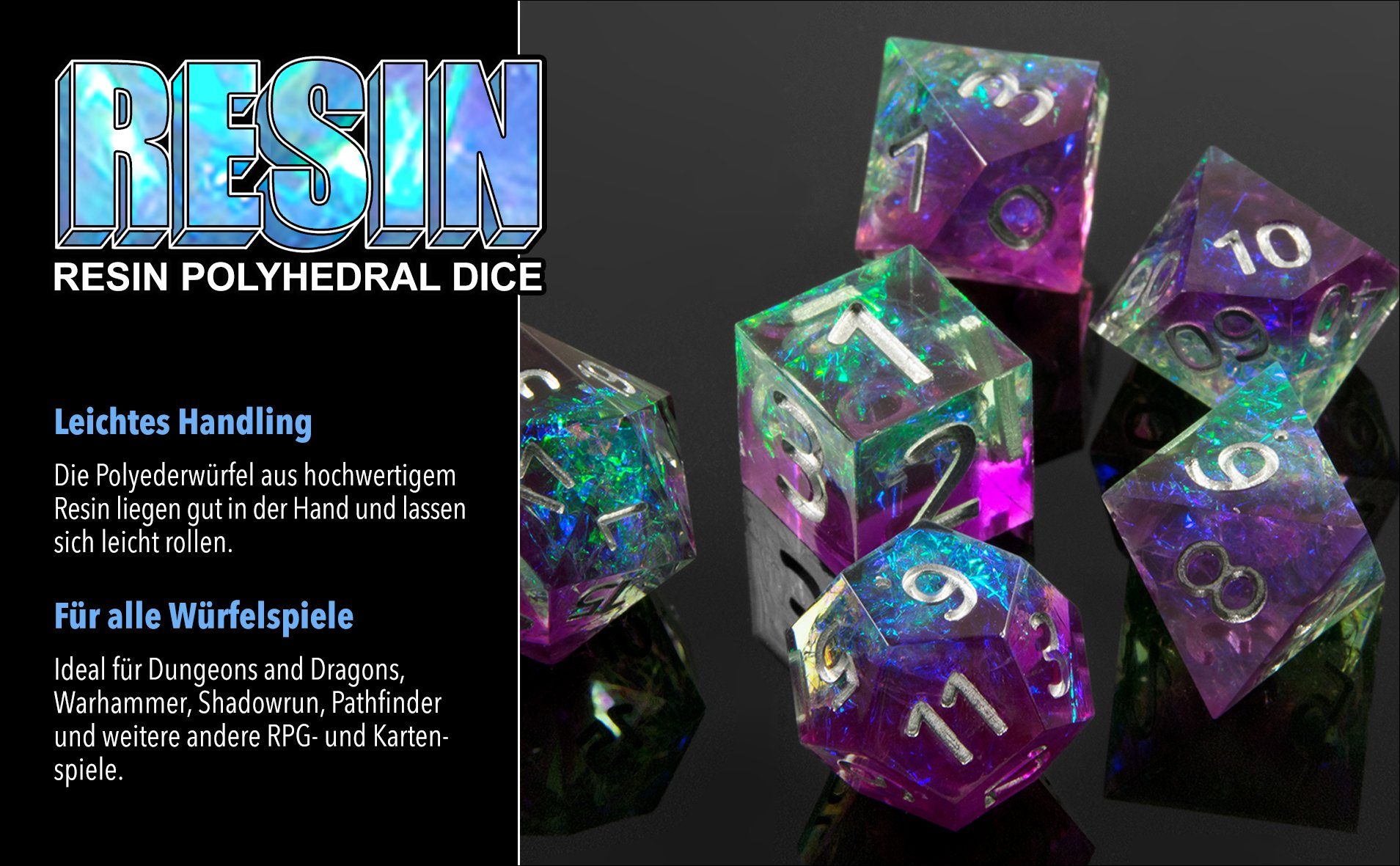 SHIBBY Spielesammlung 7 polyedrische Resin-DND-Würfel inkl. Aufbewahrungsbox