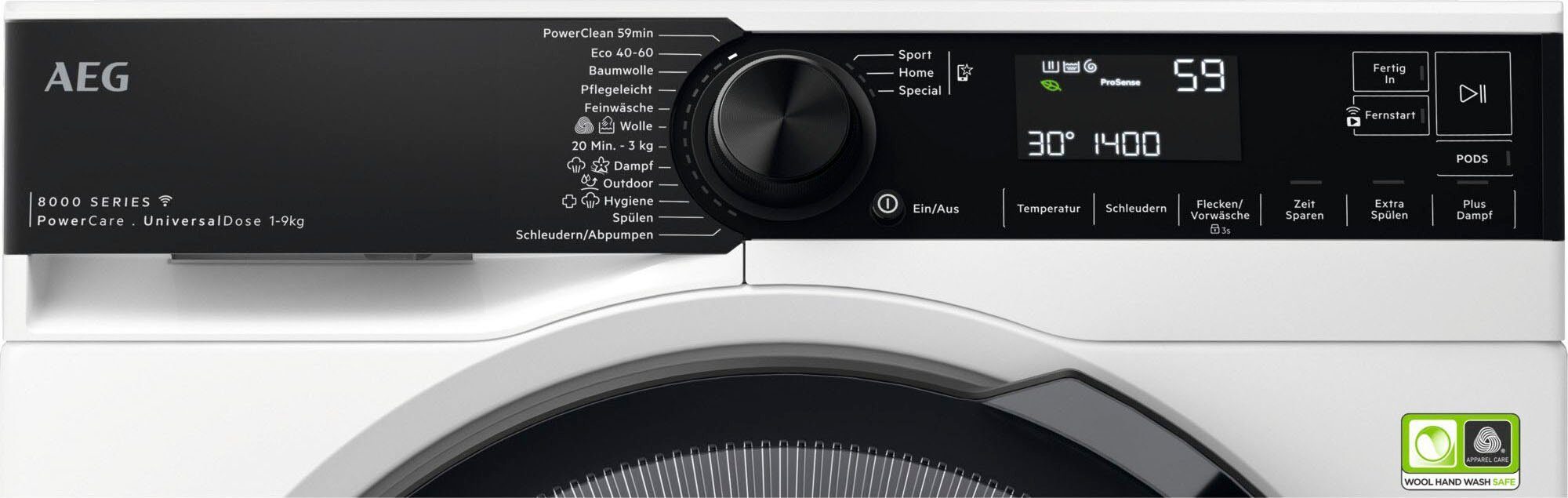 PowerCare LR8E75490, 59 9 8000 - U/min, in & Waschmaschine Min. 30 nur PowerClean °C bei Fleckenentfernung kg, Wifi 1400 AEG