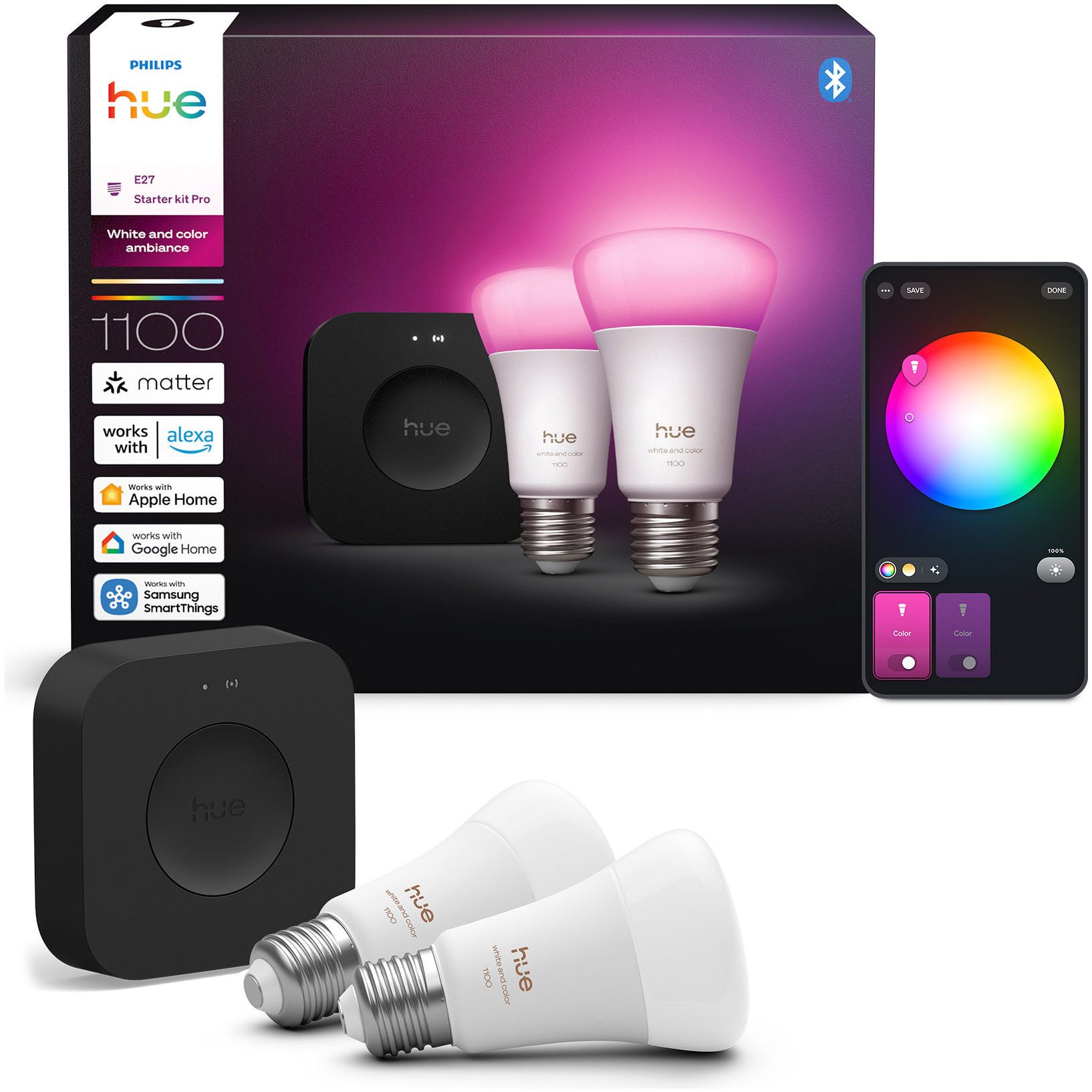 Philips Hue LED-Leuchtmittel Starter Kit Bridge Pro + 2x White and Color Ambiance, E27, 3 St., Farbwechsler, inkl. Bridge