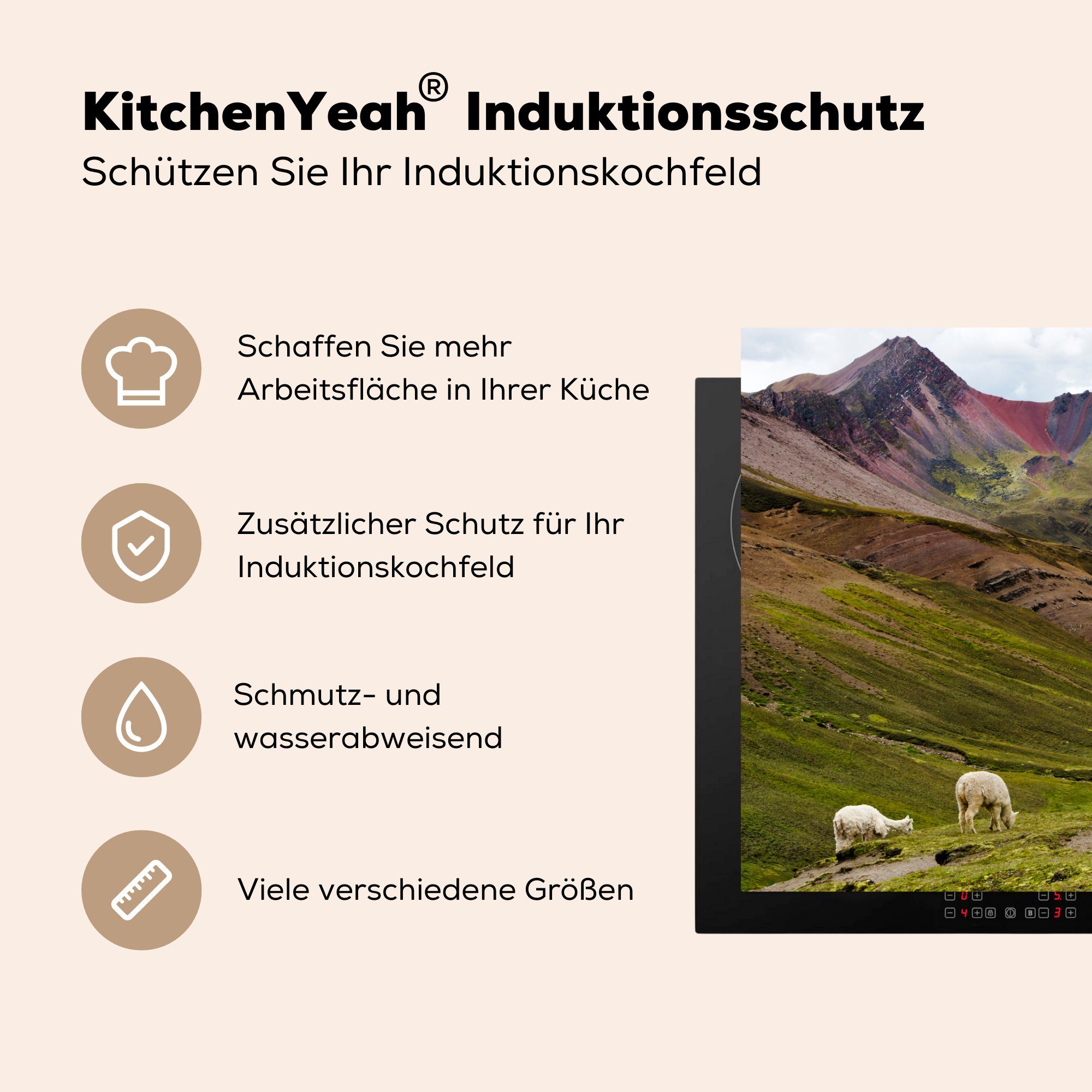 Induktionskochfeld Gras, - Vinyl, küche, Hügel - Schutz Ceranfeldabdeckung MuchoWow Alpaka für cm, (1 die Herdblende-/Abdeckplatte 81x52 tlg),