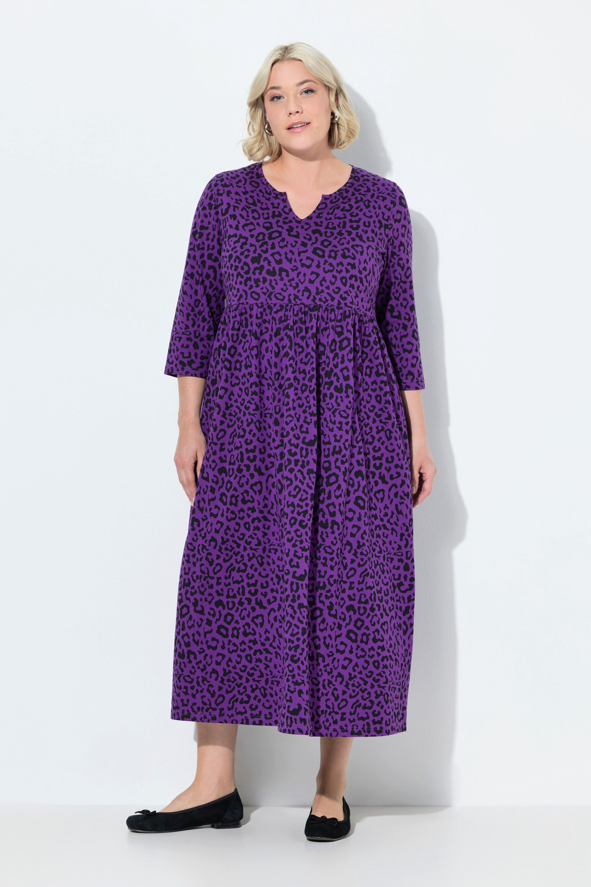 Ulla Popken Maxikleid Jerseykleid A-Linie Tunika-Ausschnitt 3/4-Arm günstig online kaufen