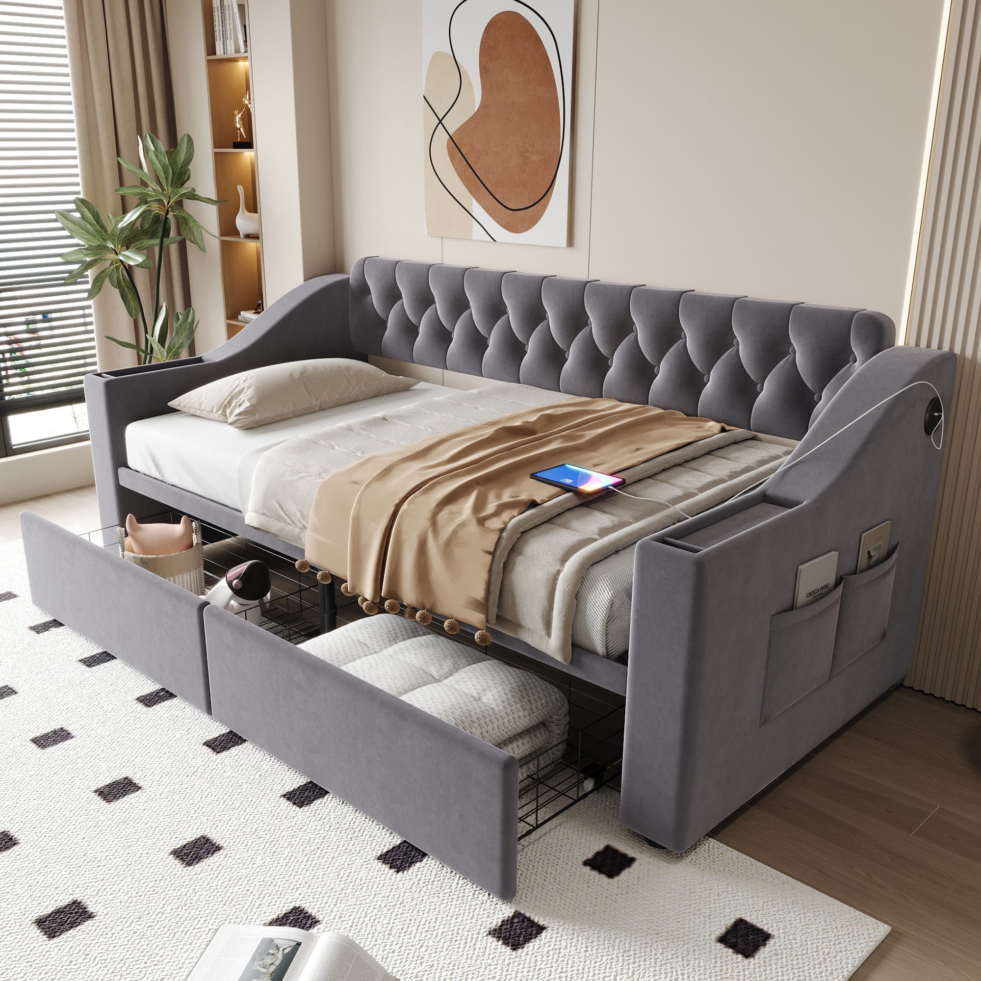 STILVORA Schlafsofa 90×190 Schlafsofa mit Ablagetaschen Jugendbett mit Schublade mit USB, mit USB-Ladeanschluss, breiten Armlehnen & Stauraumschubladen, ohne Matratze