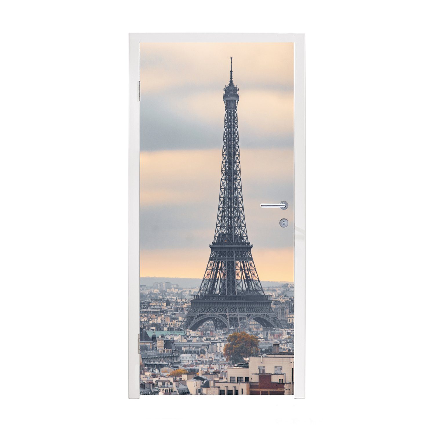 Tür, - bedruckt, Türaufkleber, Himmel, Fototapete 75x205 cm Eiffelturm Paris Türtapete MuchoWow St), für - Matt, (1