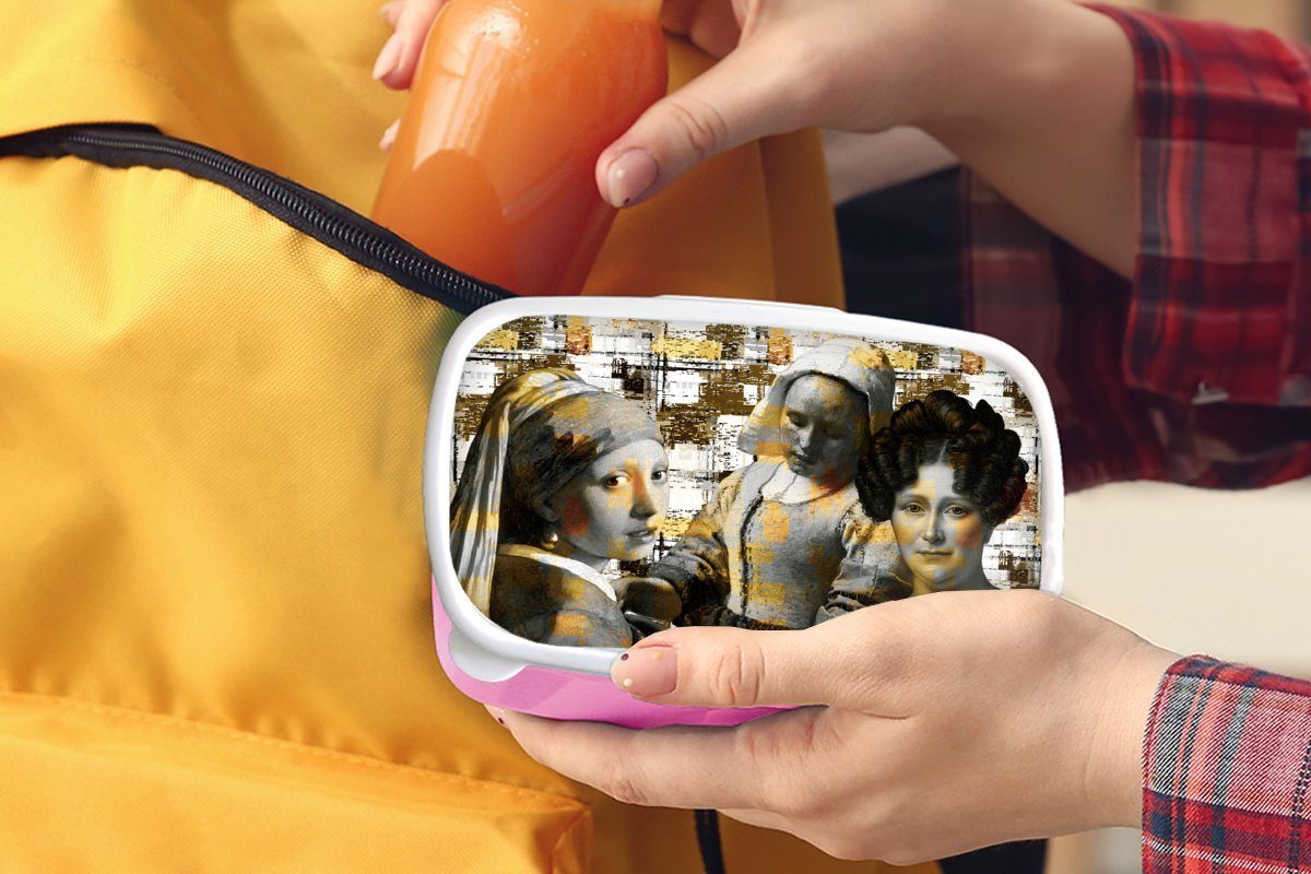 Mädchen, Gold, - Brotbox (2-tlg), MuchoWow Collage für Kunststoff, Erwachsene, Kinder, Snackbox, Lunchbox rosa Brotdose - Kunststoff Mondrian