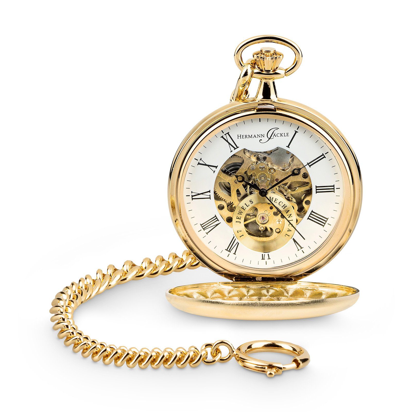 Hermann Jäckle Taschenuhr "Heidelberg" Vergoldet, Skelettuhr, Handaufzug, Mineralglas, mit Kette & Etui – Edles Accessoire für Herren