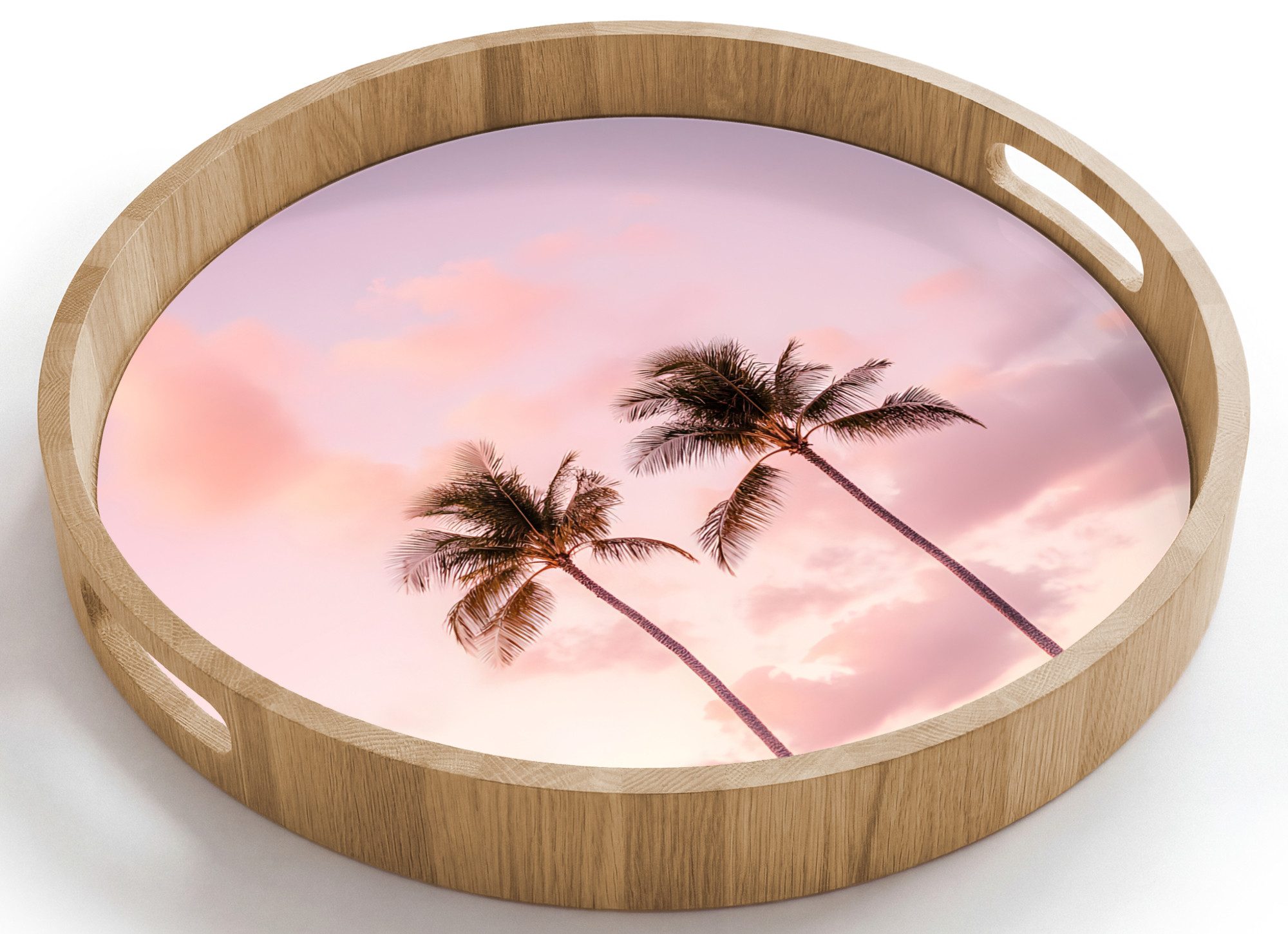 OnlyWow Tablett Rund mit Henkel Palmen - Lila - Wolken - Himmel, Eichenholz, (1-tlg), Siervierplatte, Tray, Frühstücksbrett