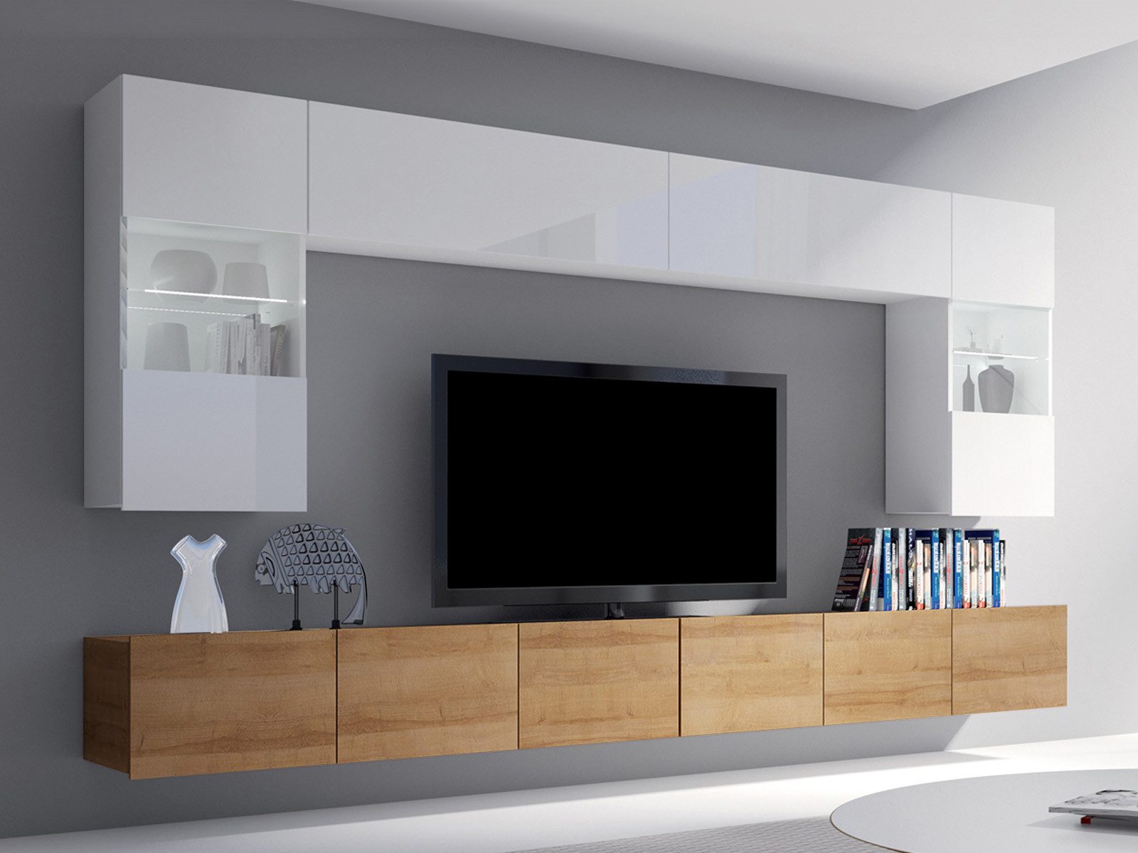 HAUSELEMENT Wohnwand CALABRINI-1, (6-St), Hängewohnwand Schrankwand LED-Beleuchtung Anbauwand Modern