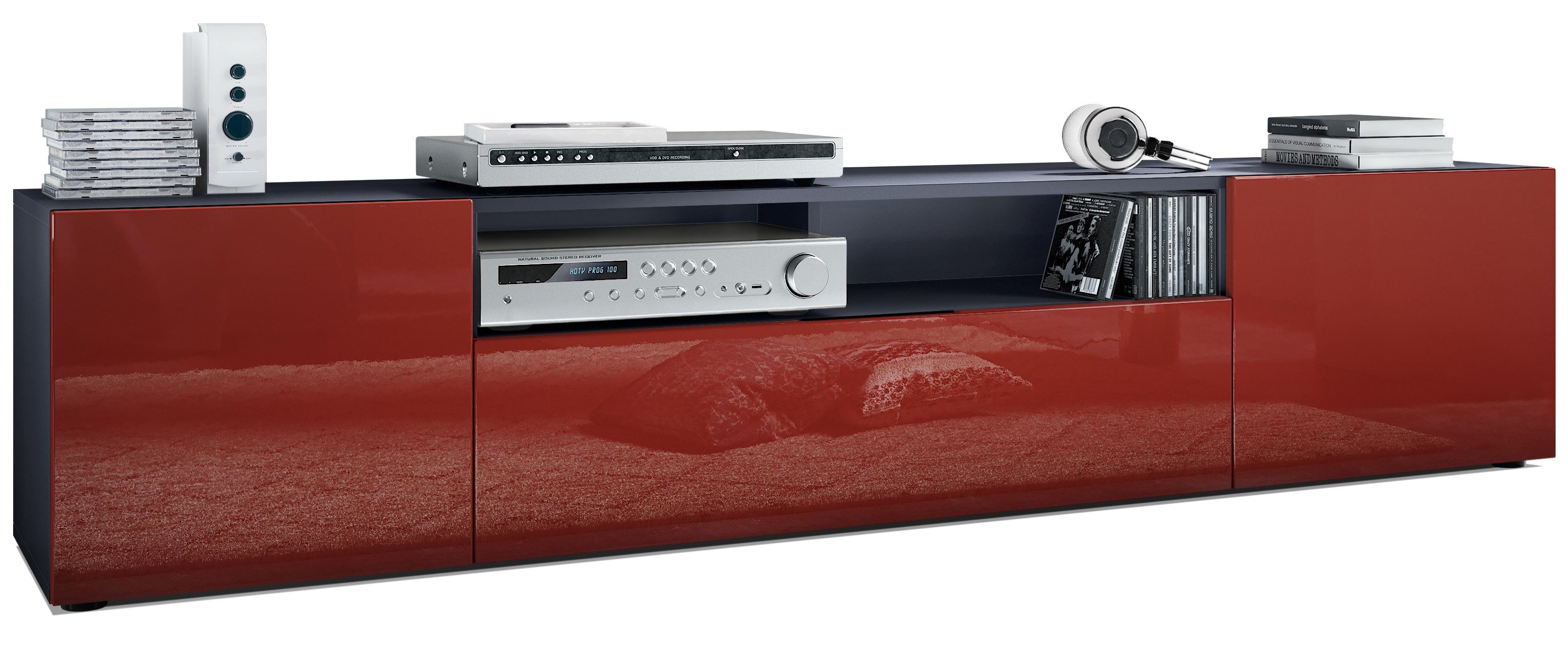 Vladon Lowboard Mogan (TV-Kommode, mit 2 Двери, 1 Klappe und 1 offenes Fach), Anthrazit matt/Bordeaux Hochglanz (181 x 39 x 35 cm)