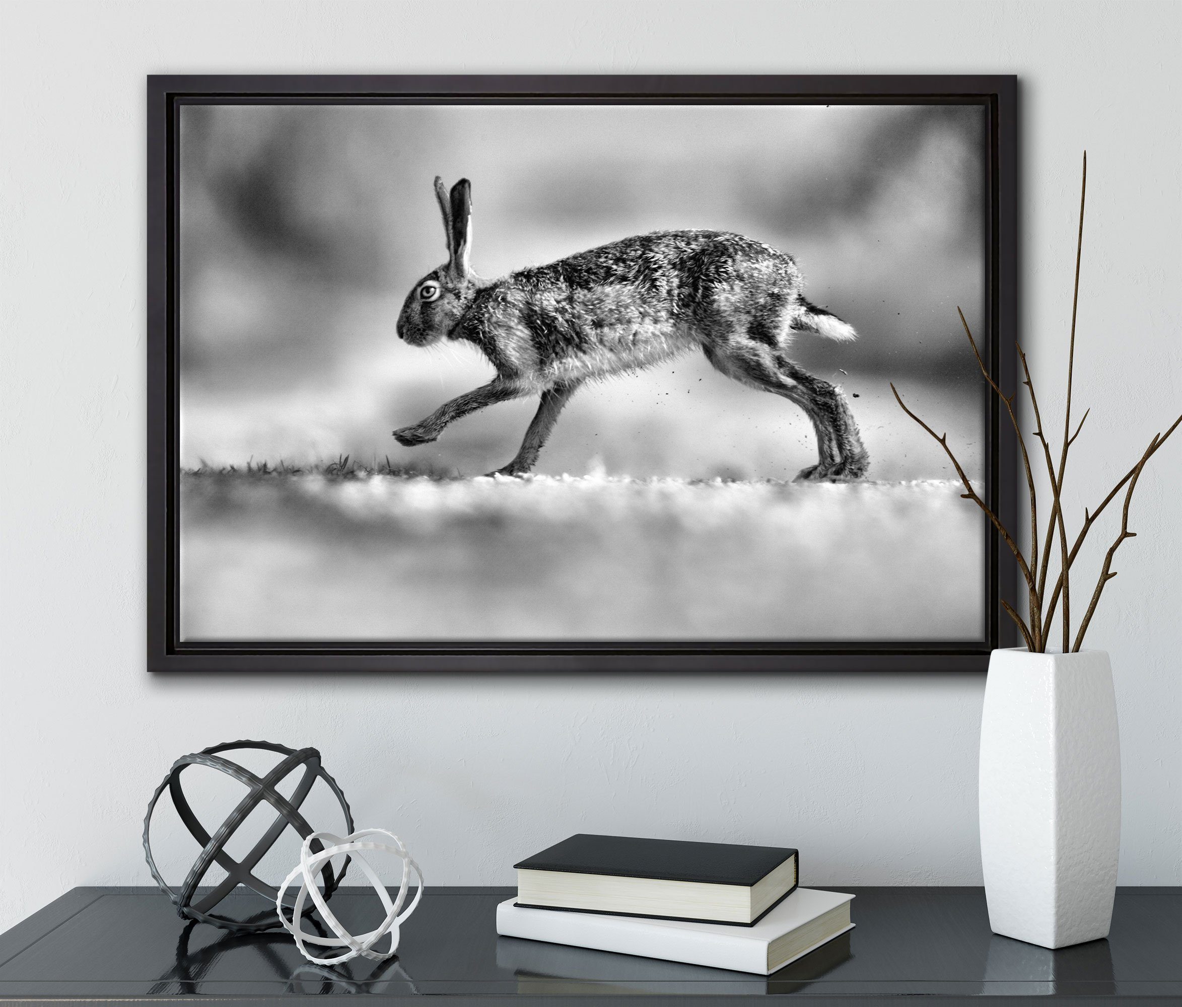 Leinwandbild Pixxprint bespannt, inkl. Leinwandbild Hase, Zackenaufhänger (1 einem Wanddekoration St), fertig in Hüpfender gefasst, Schattenfugen-Bilderrahmen