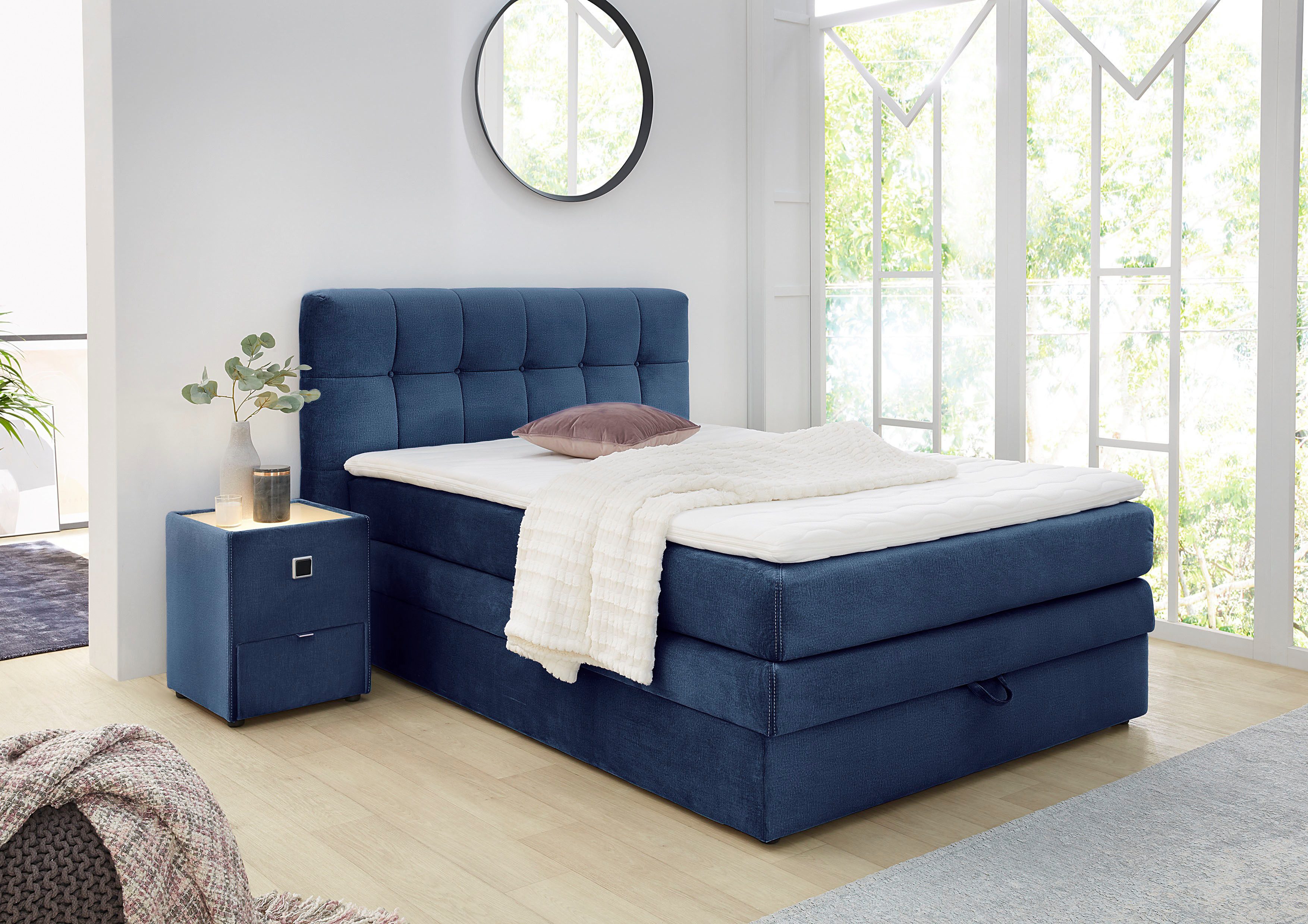 Jockenhöfer Gruppe Boxspringbett AMY mit Bettkasten, inkl. Bonnell- oder Taschenfederkernmatratze H2-H4, mit 6 cm Kaltschaum-Topper, Samt-Bezug, 120x200 und 140x200 cm