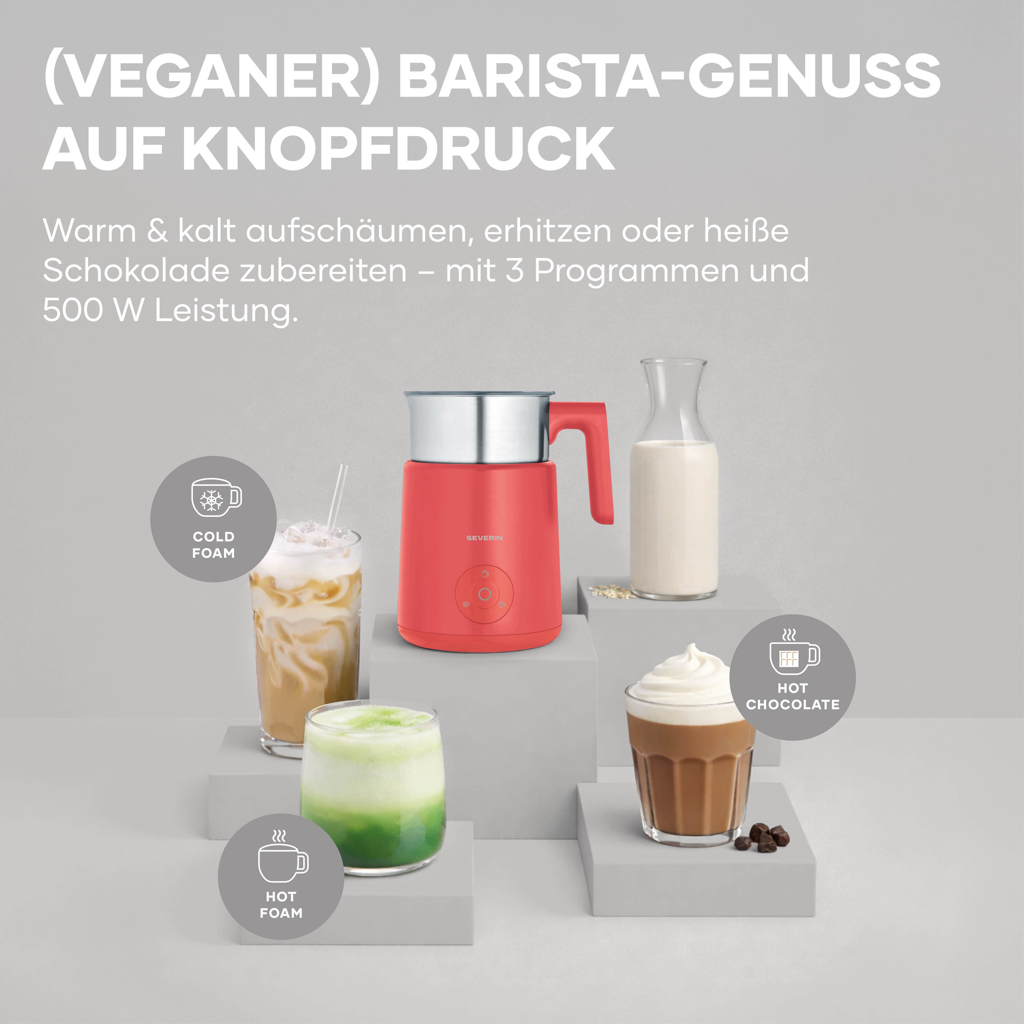 Severin Milchaufschäumer SPUMA LITE SM 3595, 500 W, kaltes & warmes Aufschäumen, Schoko-Funktion, auch vegane Milch, pink – Bild 4 von 5
