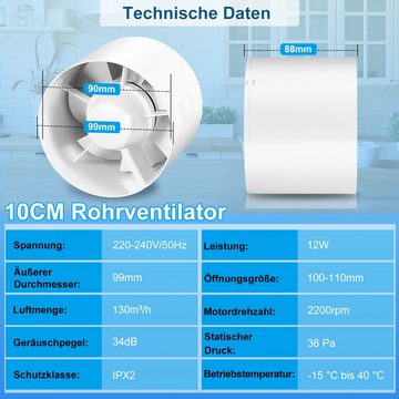 Randaco Wandventilator Rohrventilator Ø100mm/150mm Inline-Abluftventilator mit Rückstauklappe