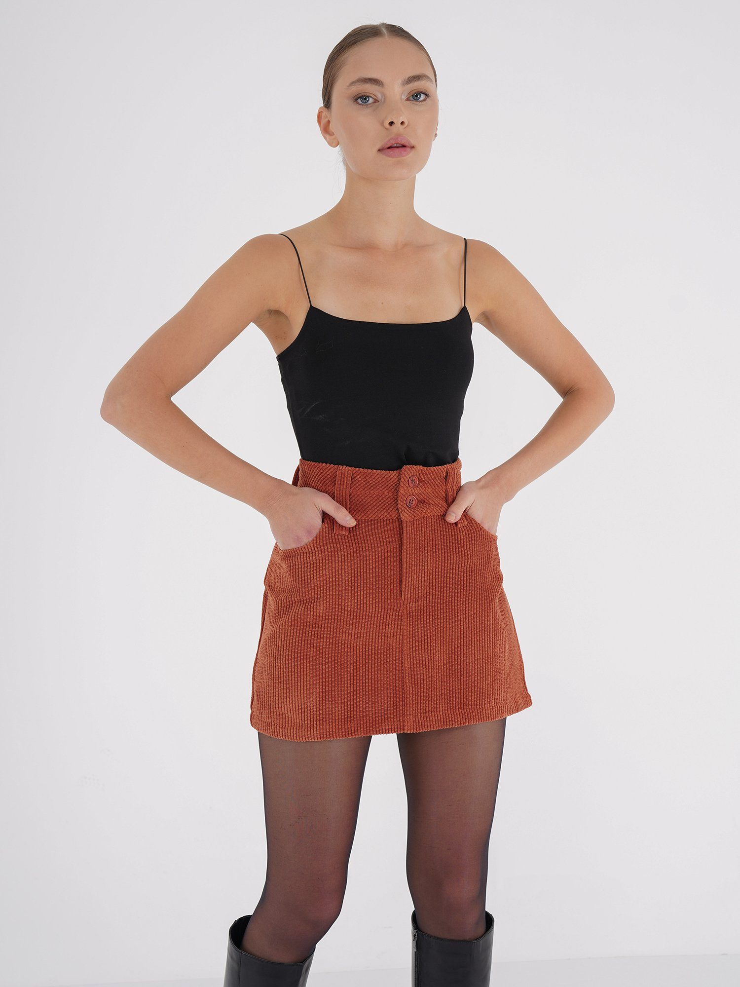 Freshlions A-Linien-Rock Freshlions Corduroy Side Slit Mini Skirt rost