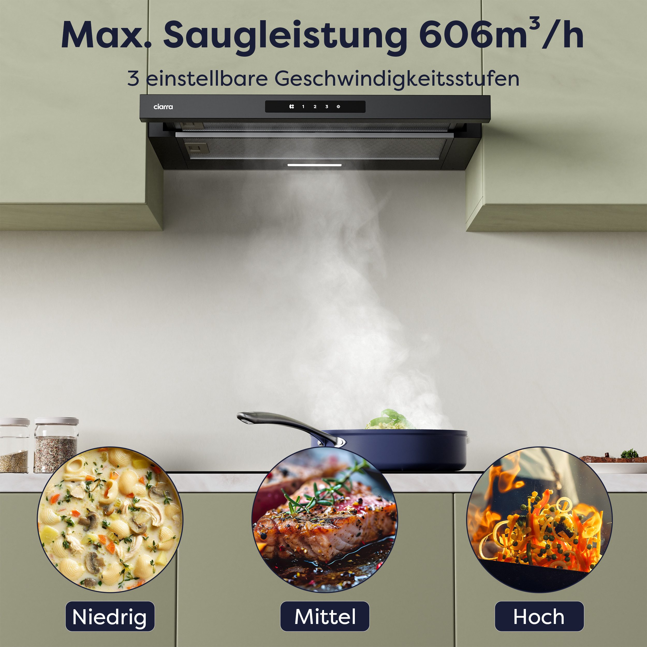 CIARRA Flachschirmhaube 60 cm ausziehbare Dunstabzugshaube 606 m³/h A+SensorTouch VM6909AB Abluft & Umluft Teleskophaube 2 Aktivkohlefilter & Fettilter 3 Stufen – Bild 5 von 5