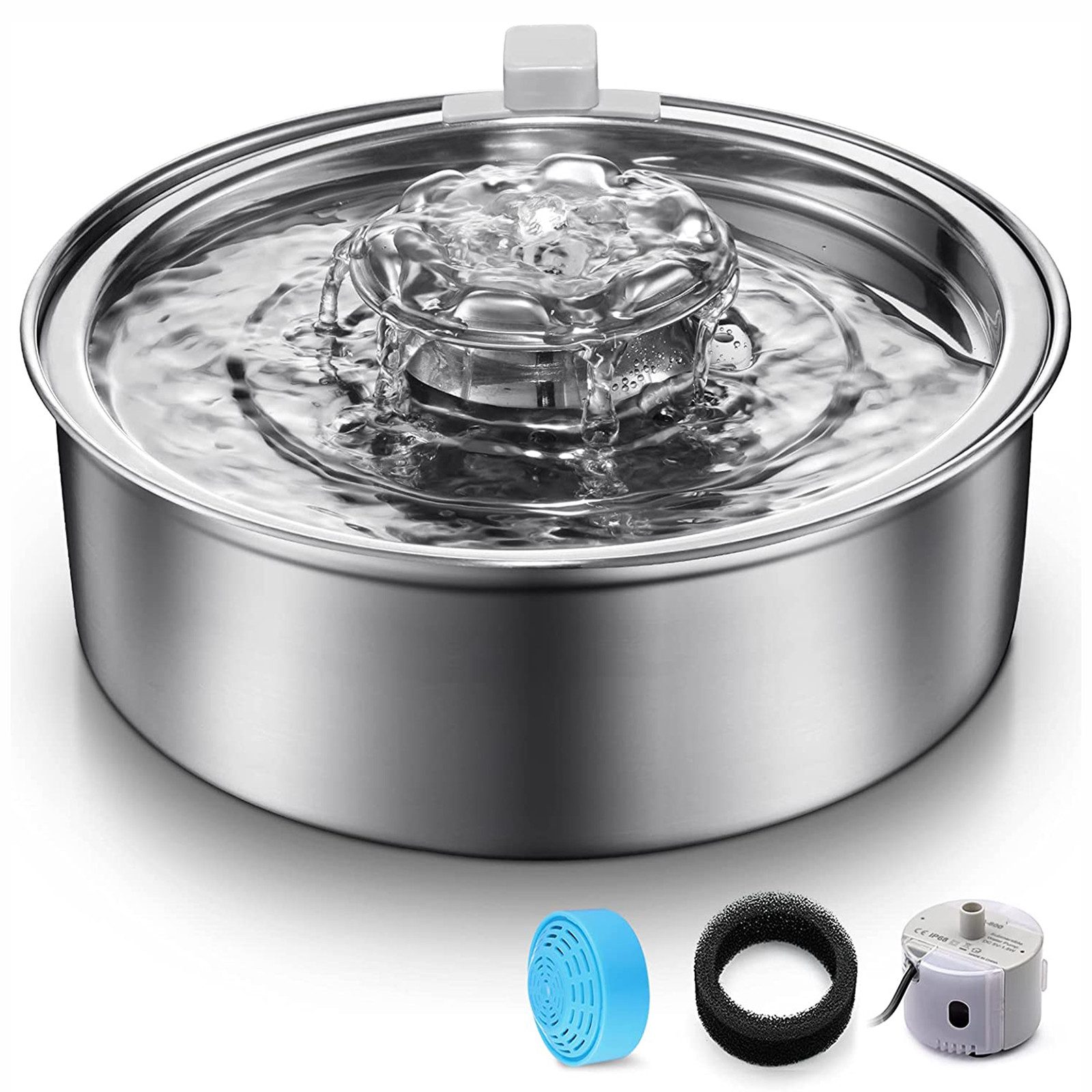 AIMAX Trinkbrunnen Katzenbrunnen Edelstahl 2L, Trinkbrunnen Katze mit Aktivkohlefilter, Automatischer Wasserspender für Katzen & Hunde, Ultra Leise Pumpe, USB