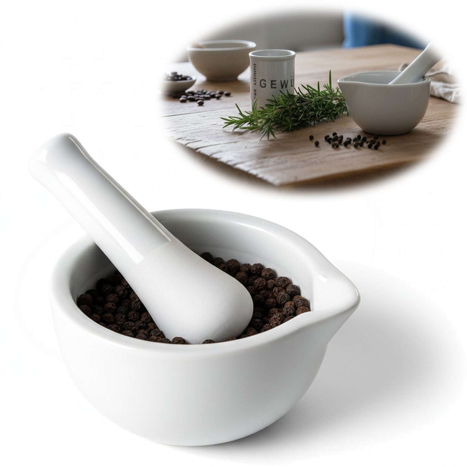 LS-LebenStil Mörser Keramik Gewürzmörser mit Stößel Set Weiß Ø 12cm, (Ideal für frisch gemahlene Gewürze Kräuter Kräuter-Mühle, 2-tlg., perfekt auch als Zerkleinerer für Tabletten Medikamente)