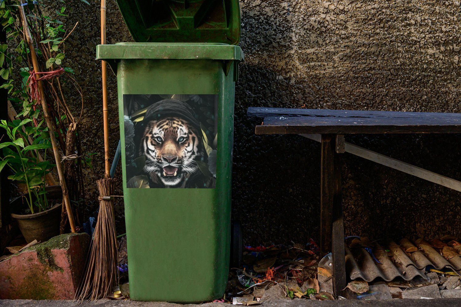 MuchoWow Wandsticker Tiger - Kleidung Mülleimer-aufkleber, Sticker, (1 Container, Mülltonne, - Abfalbehälter Blumen St)