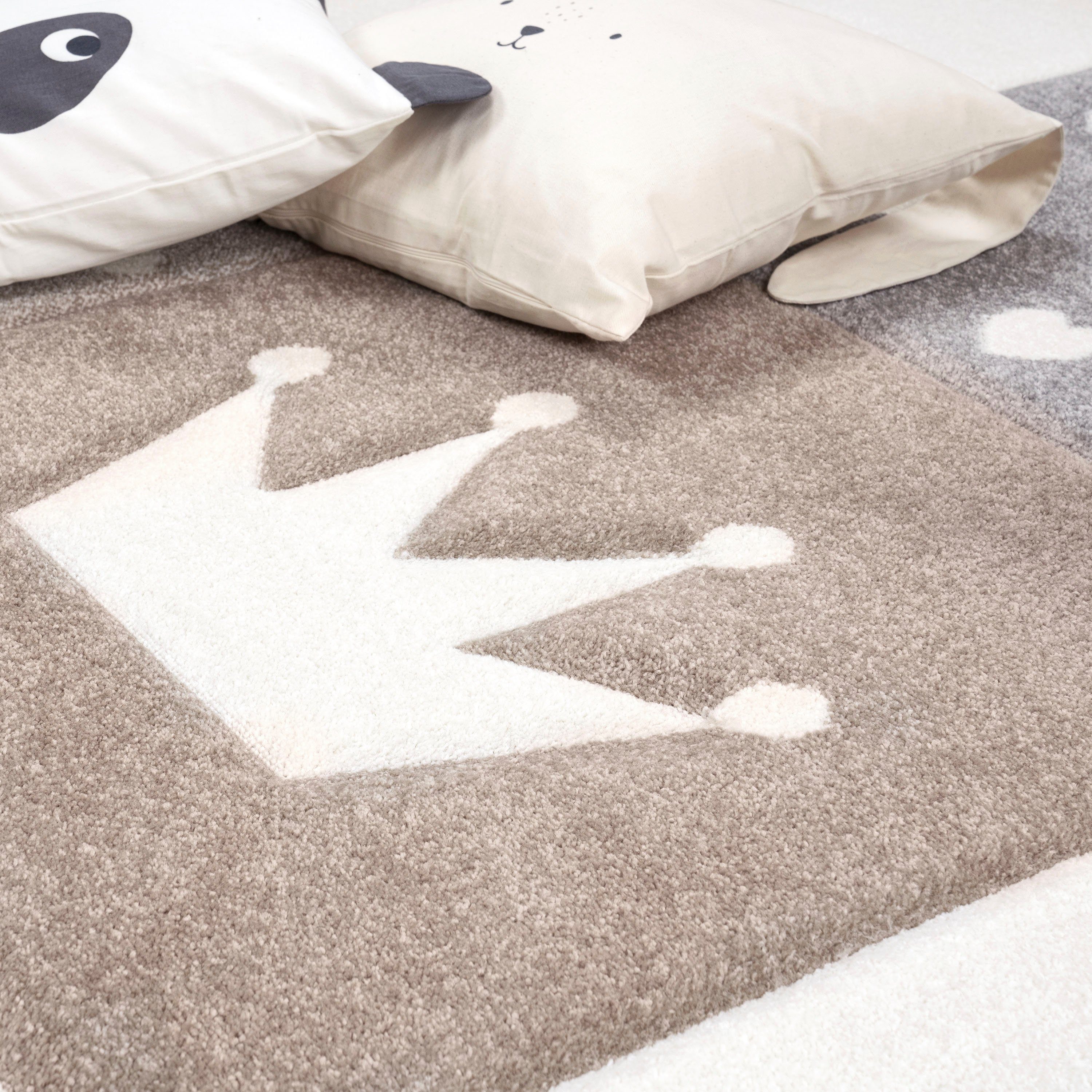 Paco Home Kinderteppich Cosmo 339, rund, Höhe: 16 mm, Kurzflor, Pastell-Farben, 3D-Effekt, Motiv Herz, Punkte & Krone