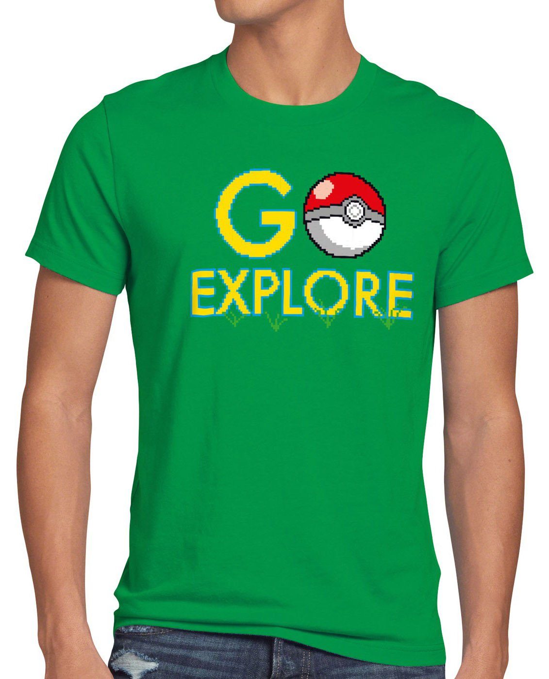 style3 Print-Shirt Herren T-Shirt Go Explore poke game app team pokeball pikachu pokespot arena boy grün