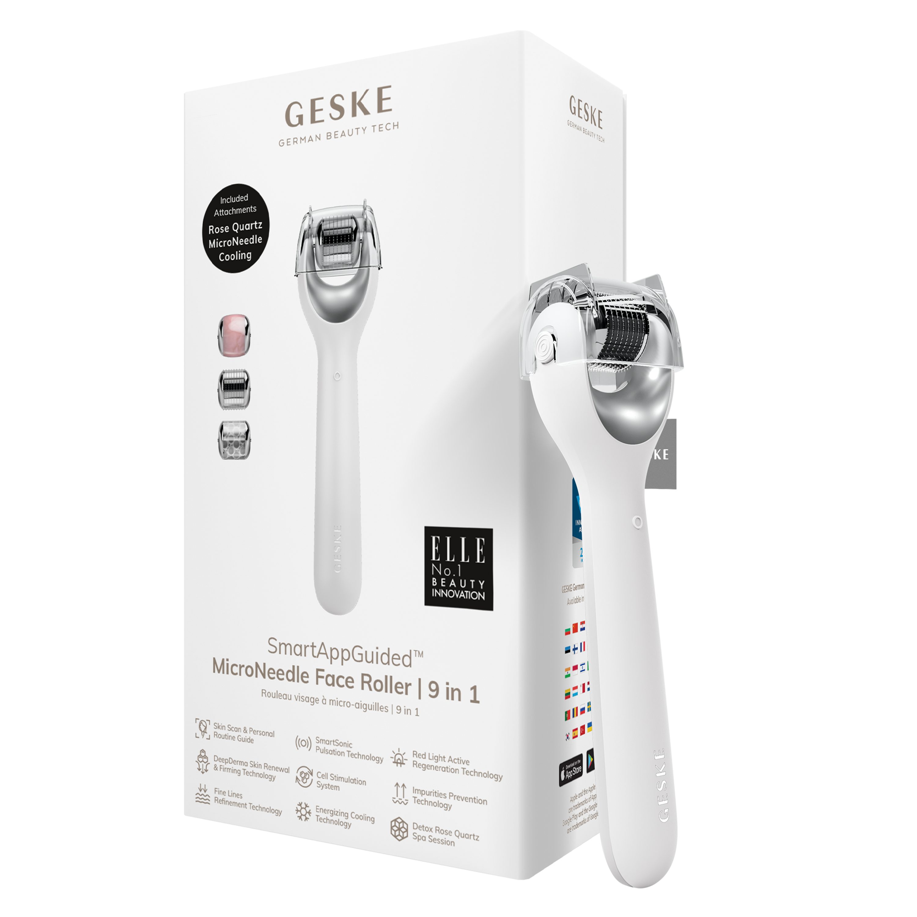 GESKE German Beauty Tech Micro-Needling SmartAppGuided™ MicroNeedle Face Roller 9 in 1, Packung (Gerät & USB-Ladekabel), 2-tlg., Gerät inkl. kostenloser APP (SmartAppGuided Device), Mit der GESKE App erhältst Du deine personalisierte Hautpflegeroutine. White