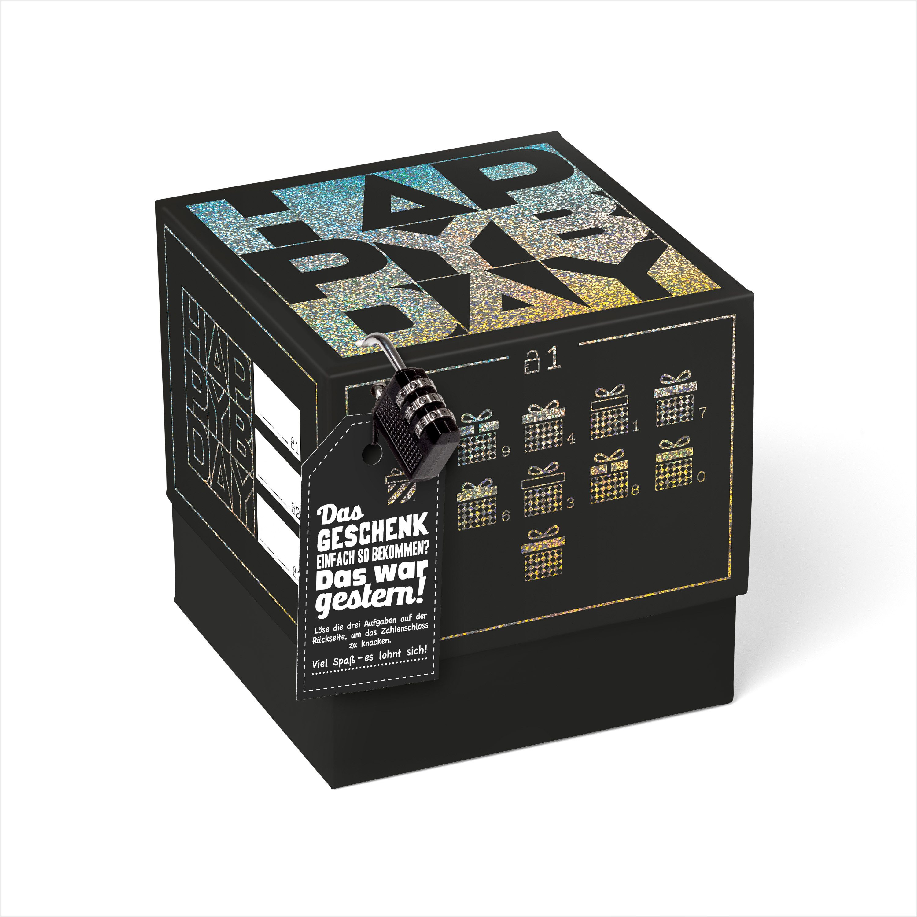 SURPRISA Geschenkbox Rätsel-Geschenkbox Happy Birthday mit Glitzer, originelle Geburtstagsbox mit Zahlenschloss zum Geburtstag