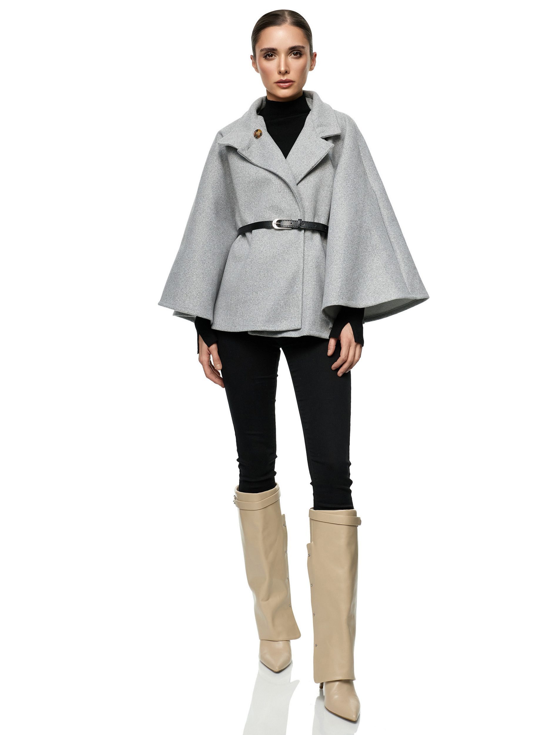 Worldclassca Poncho Worldclassca Poncho Crop Jacke Elegant Umhang Stehkragen mit Gürtel Neue Kollektion - Stilvolle und gemütliche Mode für Damen – Bild 4 von 4