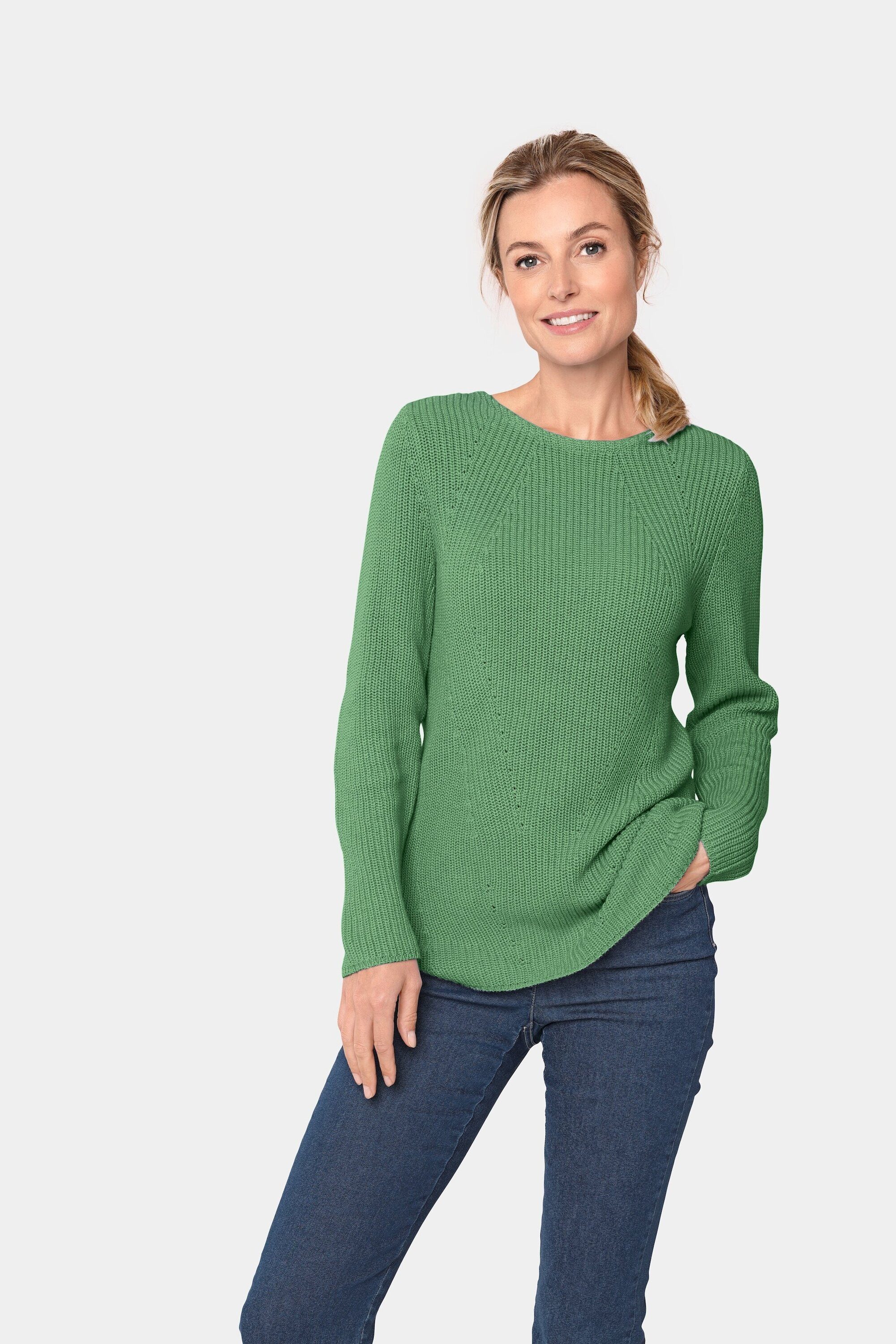 GOLDNER Strickpullover Figurschmeichelnder Pullover aus reiner Baumwolle grün