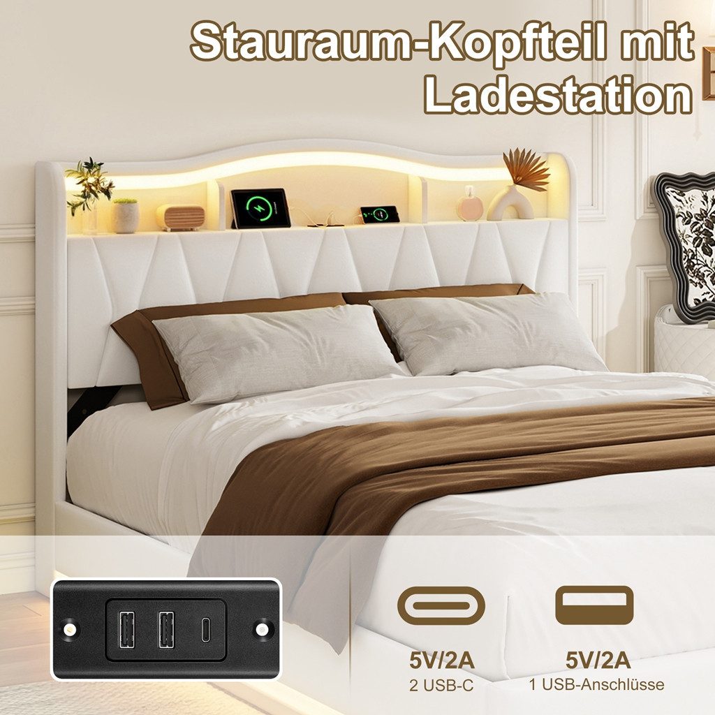 Simurq Polsterbett 140 x 200 cm Doppelbett mit LED Beleuchtung und Ladefunktion, Samt (LED, Ladestation, Hydraulisches Bett mit Bettkasten), Jugendbett Stauraum – Bild 3 von 5