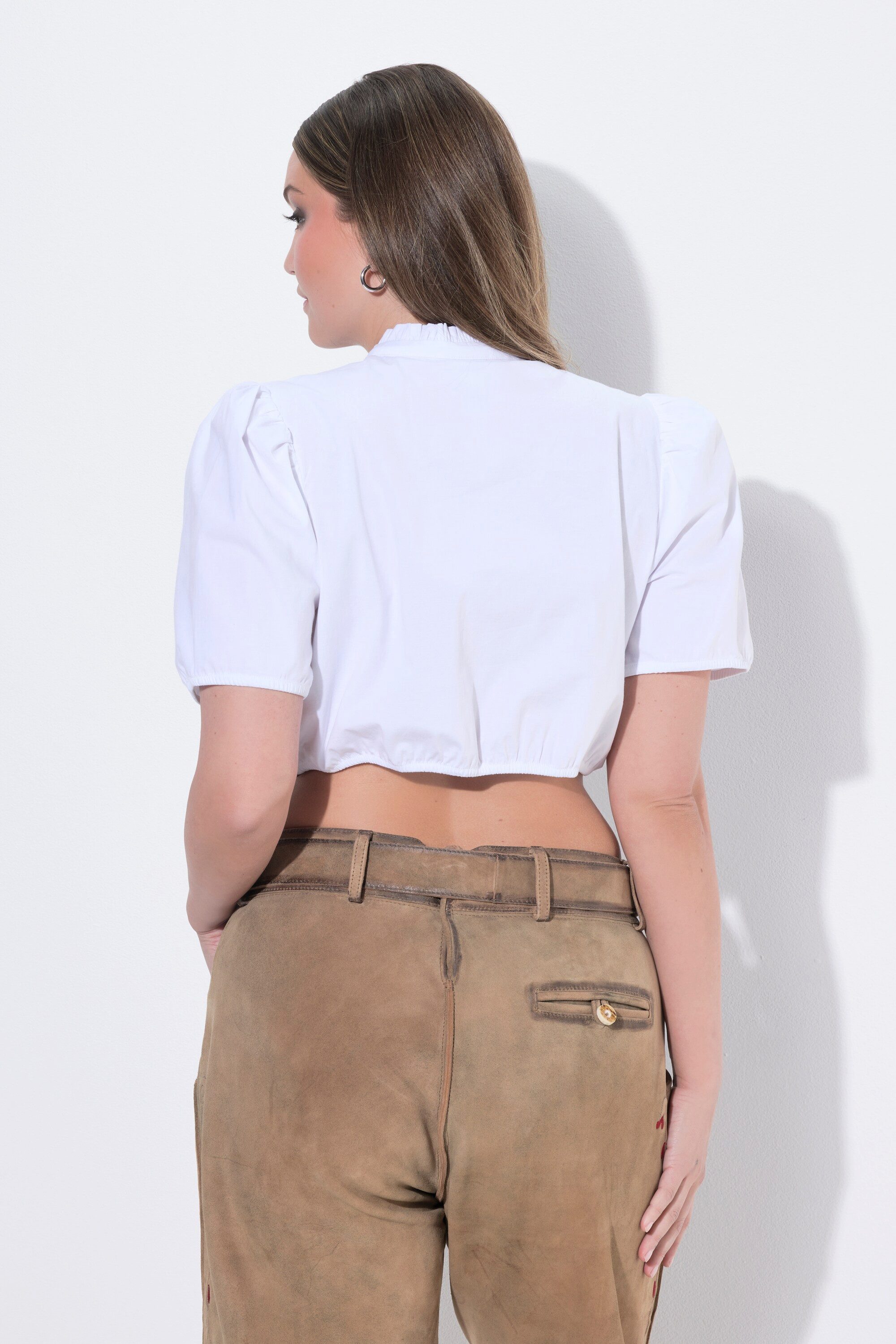 Ulla Popken Longbluse Dirndlbluse Samt-Schleifenband Stehkragen Halbarm