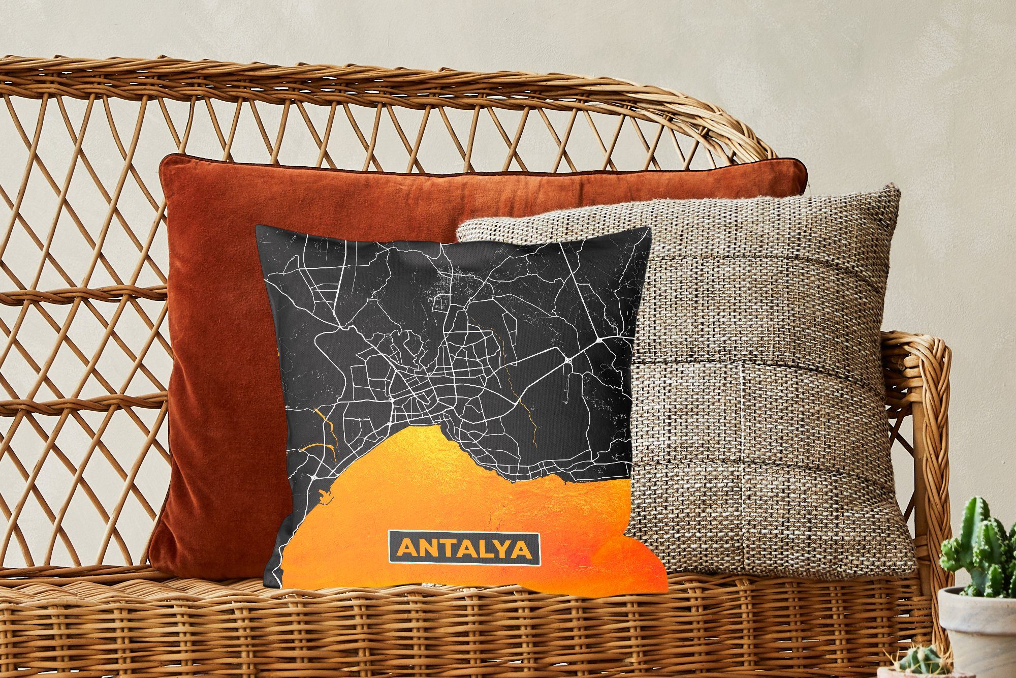 Dekokissen Antalya Füllung - Schlafzimmer, Wohzimmer, Karte Sofakissen Stadtplan, mit Gold Zierkissen Deko, MuchoWow für - -