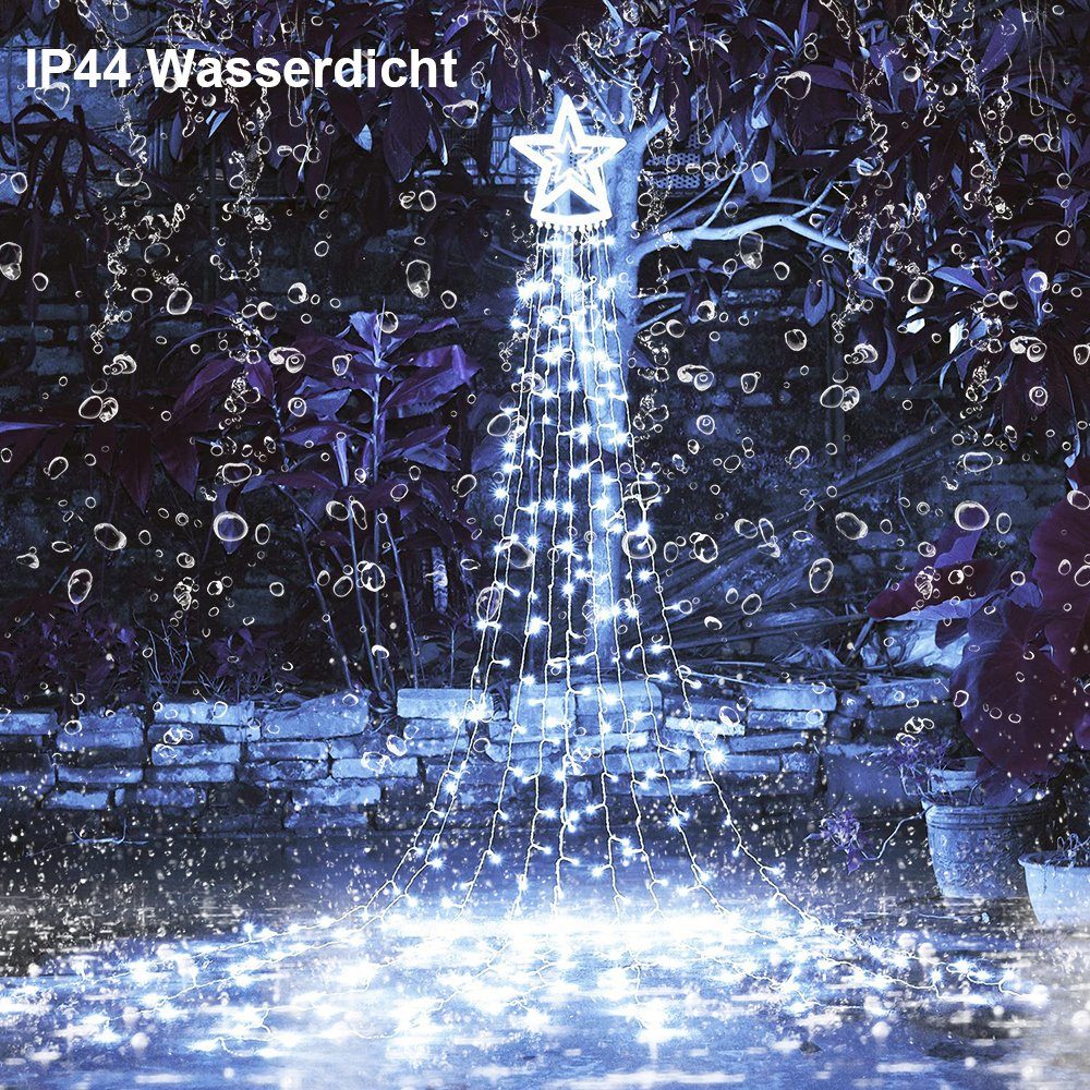 Stern wasserdicht, Wasserfall-Weihnachtsbaumlichter; Rosnek Stränge*3.4M, Topper Modi, Deko, 8 mit Garten für Weihnachten LED-Lichterkette Weiß 9