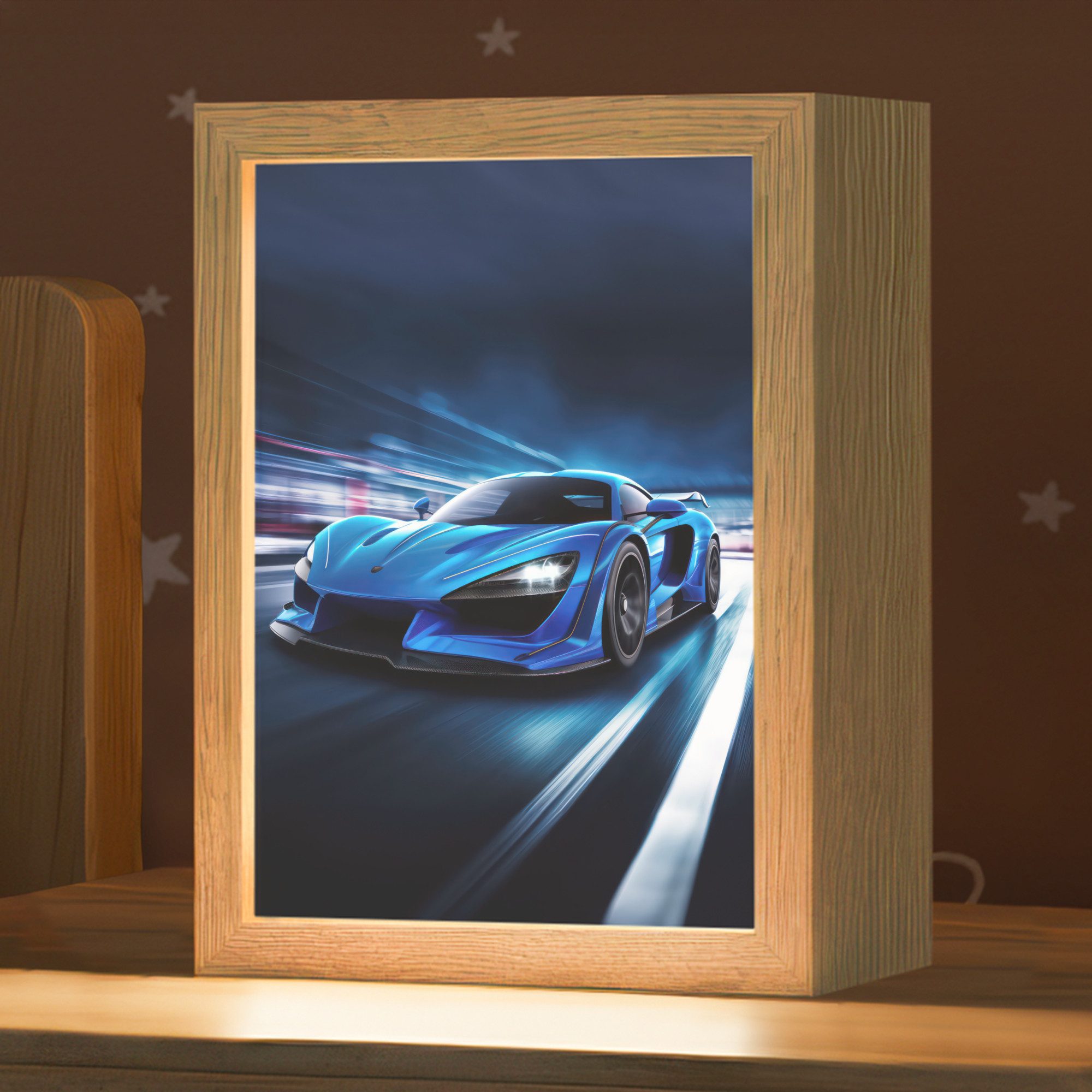 OnlyWow Nachttischlampe Lightbox Auto - Blau - Jungen - Kind, Dimmbar, Farbwechsel, LED, Warmweiß, Kaltweiß, Neutralweiß Einstellbar, Kinderzimmer, Babyzimmer, Dimmbar, mit Kabel, Nachtlampe, LED