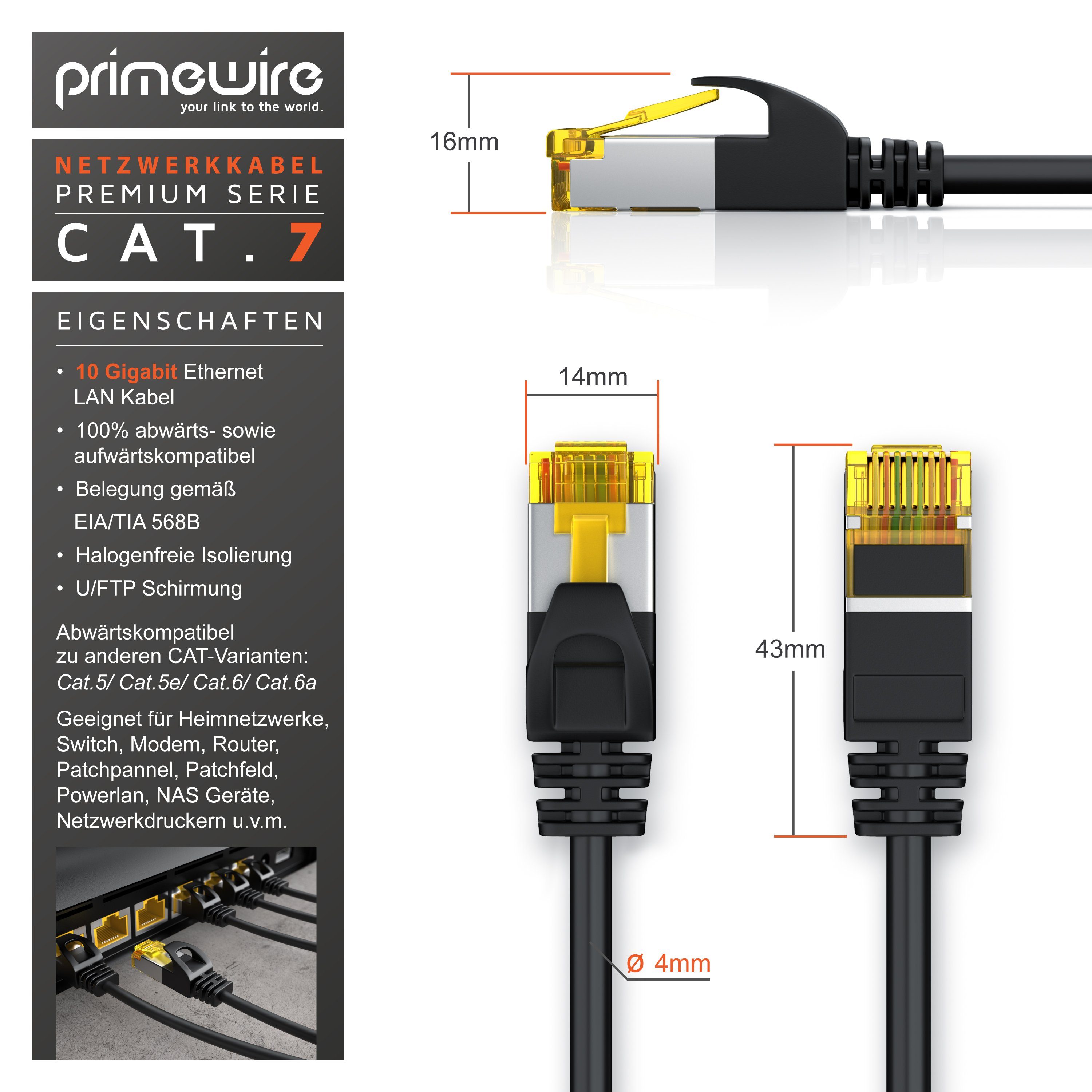 Primewire LAN-Kabel, CAT.7, RJ-45 (Ethernet) (100 cm), Slim Patchkabel Cat 7, Gigabit Kabel, 10000 Mbit Netzwerkkabel - 1m