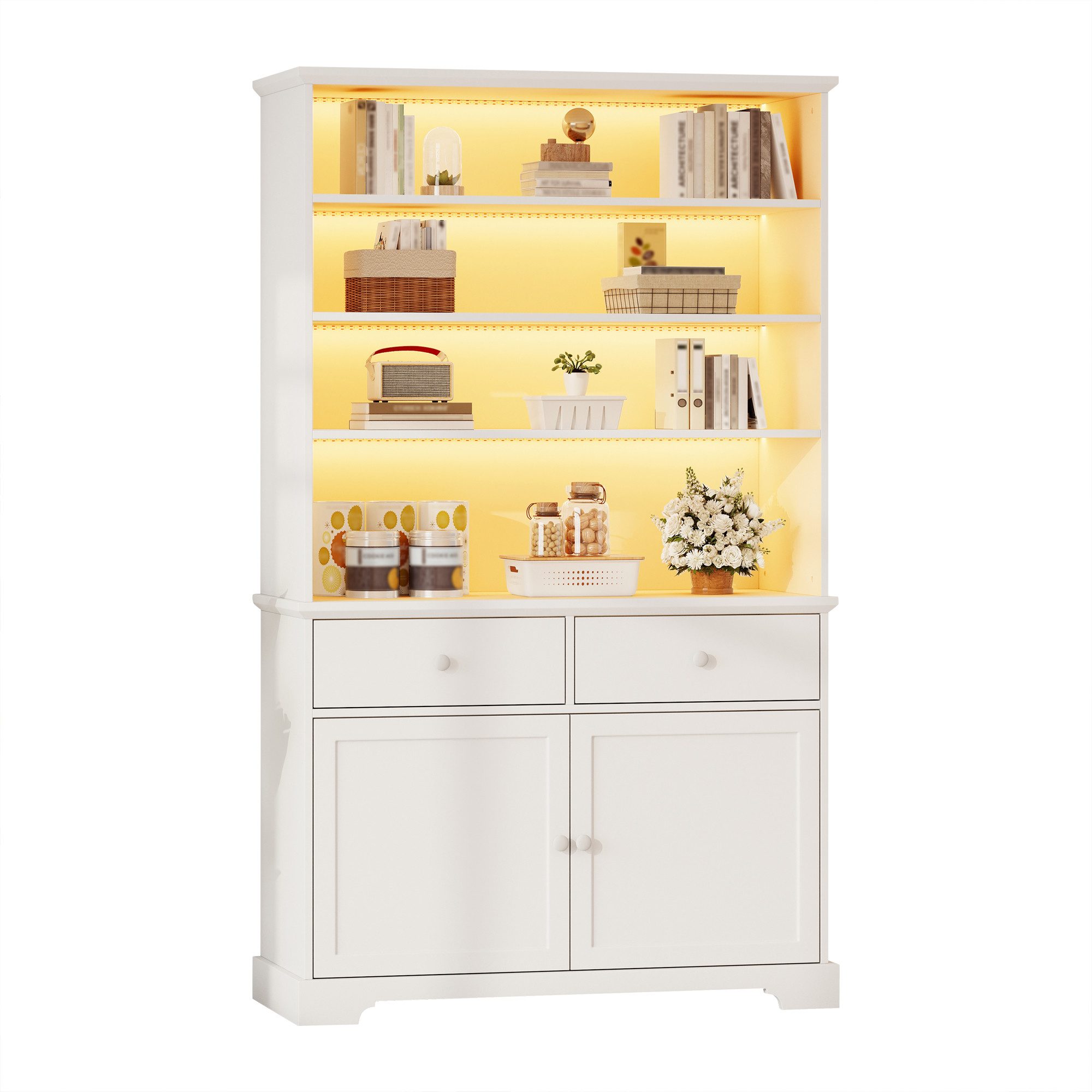 KLAM HOME Vitrine Weiße Vitrine 100x38x170cm mit LED & 2 Schubladen (Standvitrine mit 2 Türen, Bücherregal & viel Stauraum) Multifunktions Wohnzimmerschrank mit App-LED-Beleuchtung