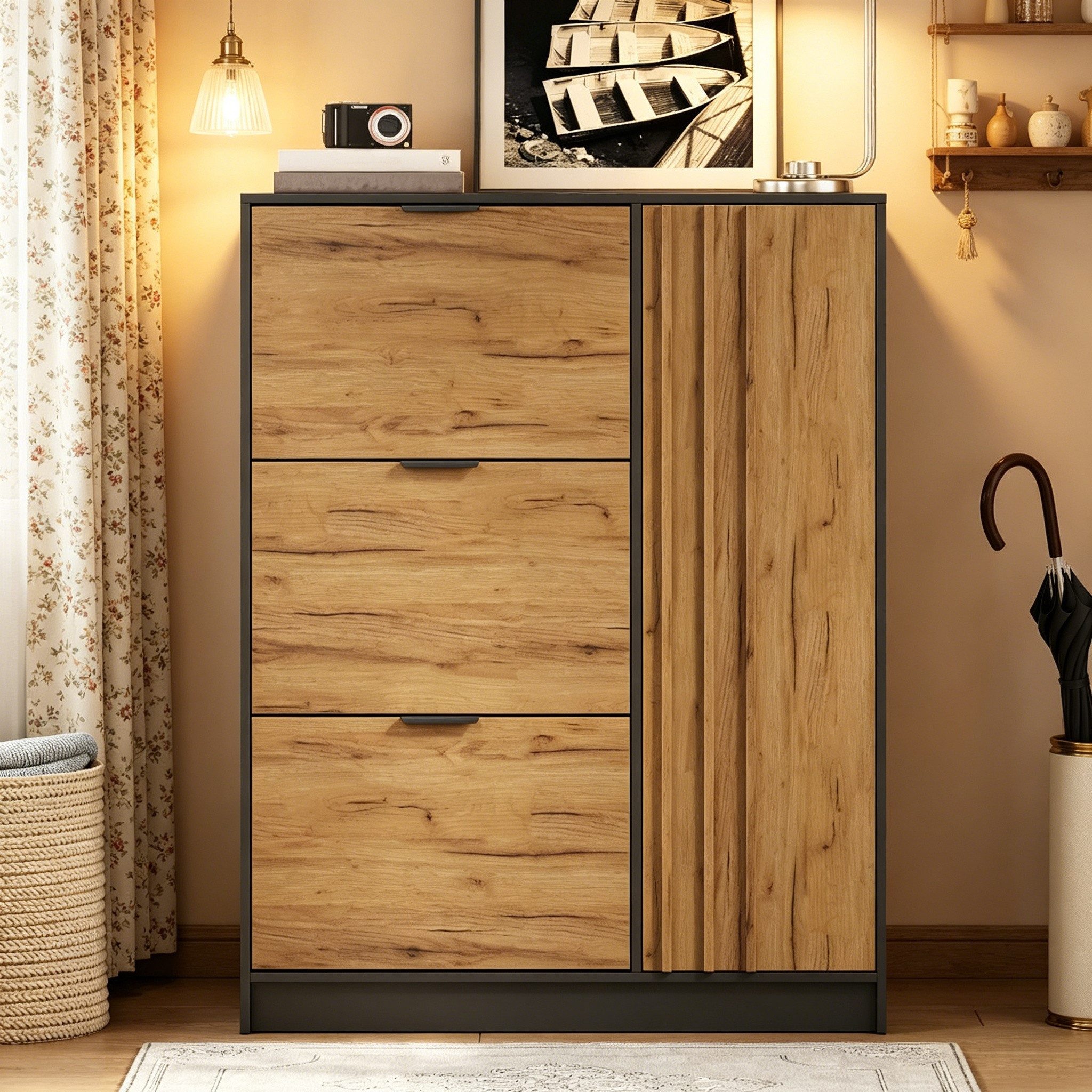 Merax Schuhschrank für bis zu 12 Paar Schuhe, Eingangsschrank in Naturholzoptik & Schwarz (1-St) Schuhregal mit 3 Klappfächern, Türfach & Stauraum, 100x30x130 cm