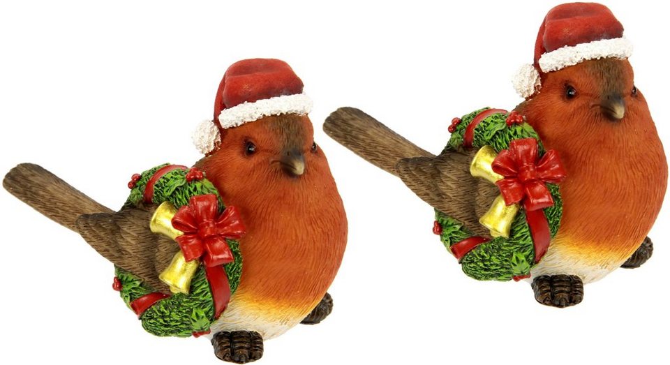 I.GE.A. Weihnachtsfigur Weihnachtsvogel mit Kranz und Mütze, 2er Set, Höhe  ca. 10 cm (Set, 2 St), Dekofigur aus Polyresin, Weihnachtsdeko, Tierfigur
