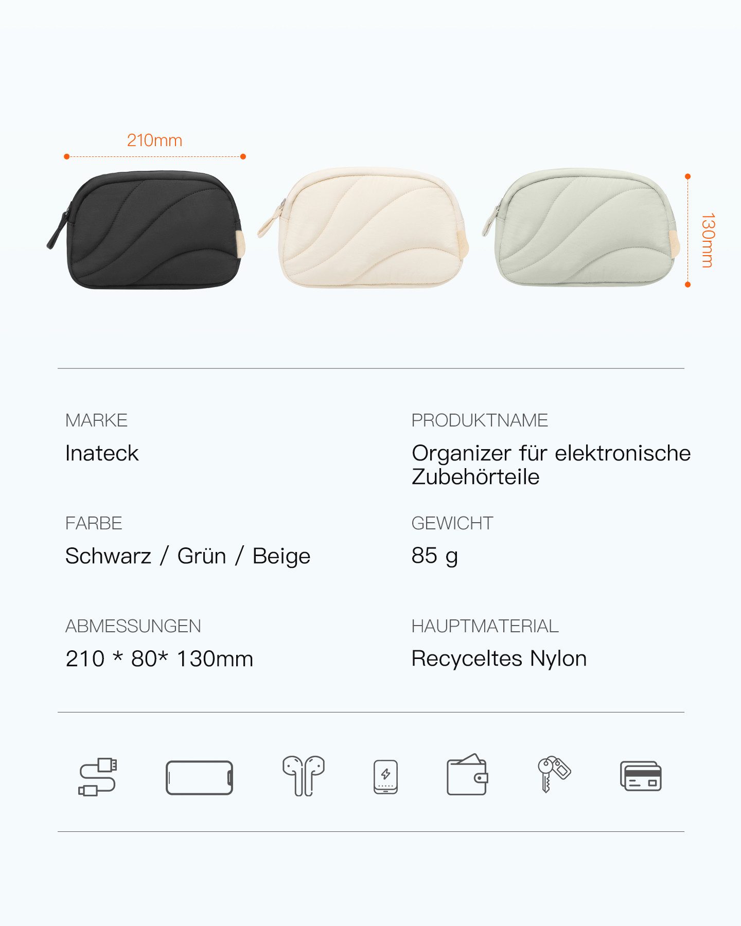 Inateck Taschenorganizer Leicht Kabeltasche Elektronik Organizer, Zubehör Reisezubehörtascheb, Spritzwassergeschützte, für Hubs, Powerbank, USB Stick