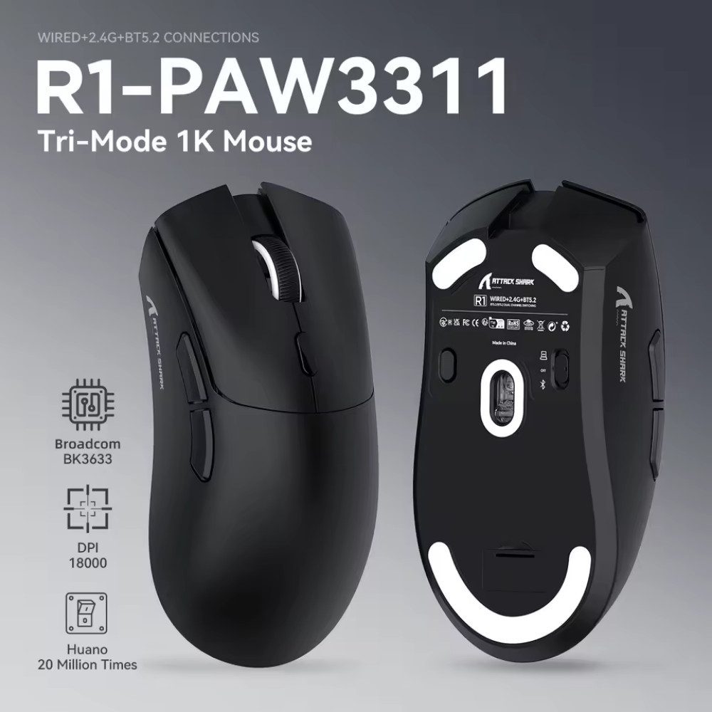 ATTACK SHARK R1 Ultraleichte Tri-Mode Gaming-Maus Kabelgebunden Gaming-Maus (Individuelle Tastenprogrammierung, 3 Verbindungsmodi)