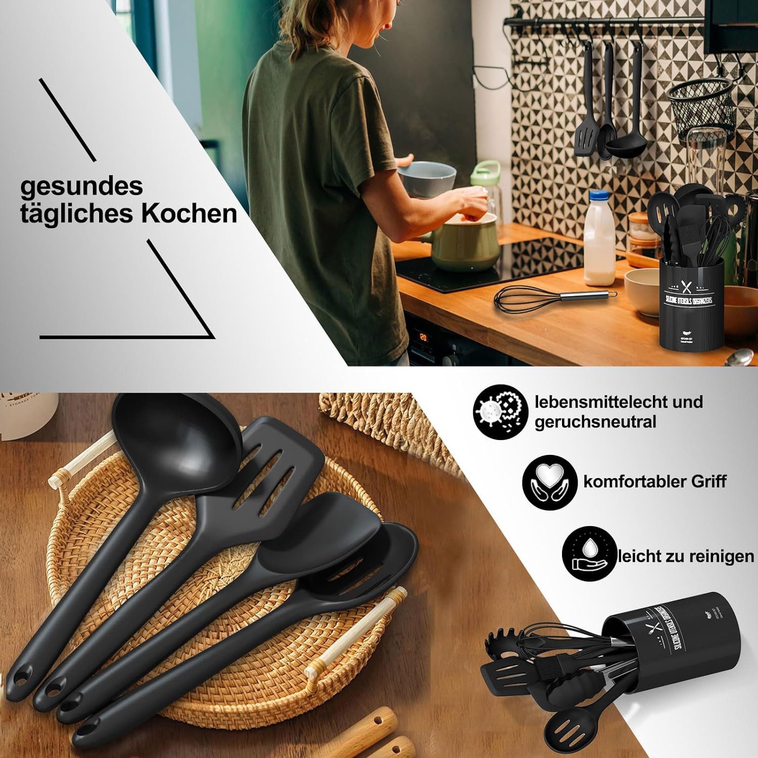REDOM Kochbesteck-Set 12er Kochgeschirr Set Küchenutensilien Küchenhelfer (Gesund Silikon Kochset Antihaft Hitzebeständig mit Utensilienhalter, 12-tlg., Silikon – Bild 4 von 5