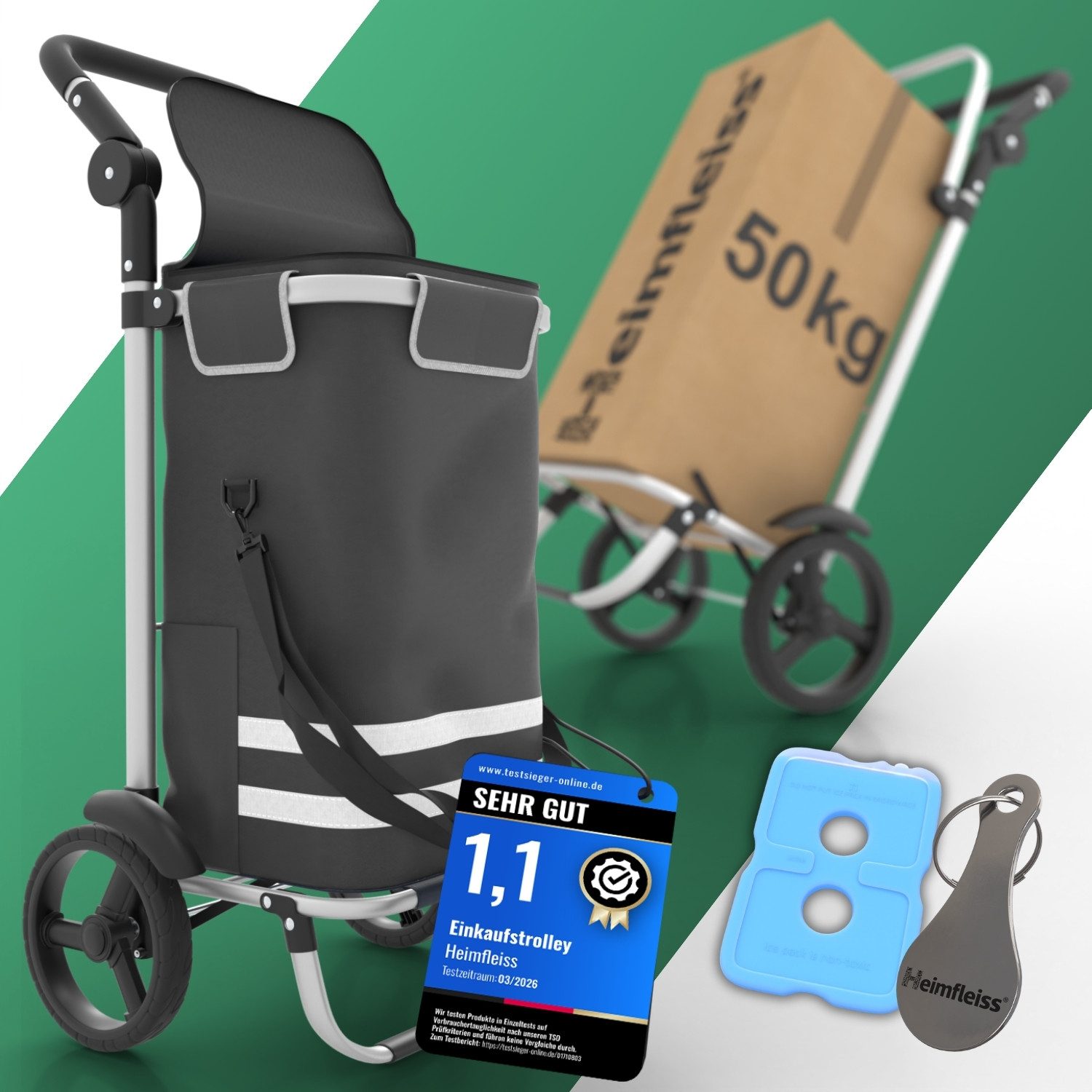 Heimfleiss® Einkaufstrolley Einkaufswagen klappbar Hackenporsche Kühlfach, 56 l, wasserdichte Tasche nur 2,5 kg